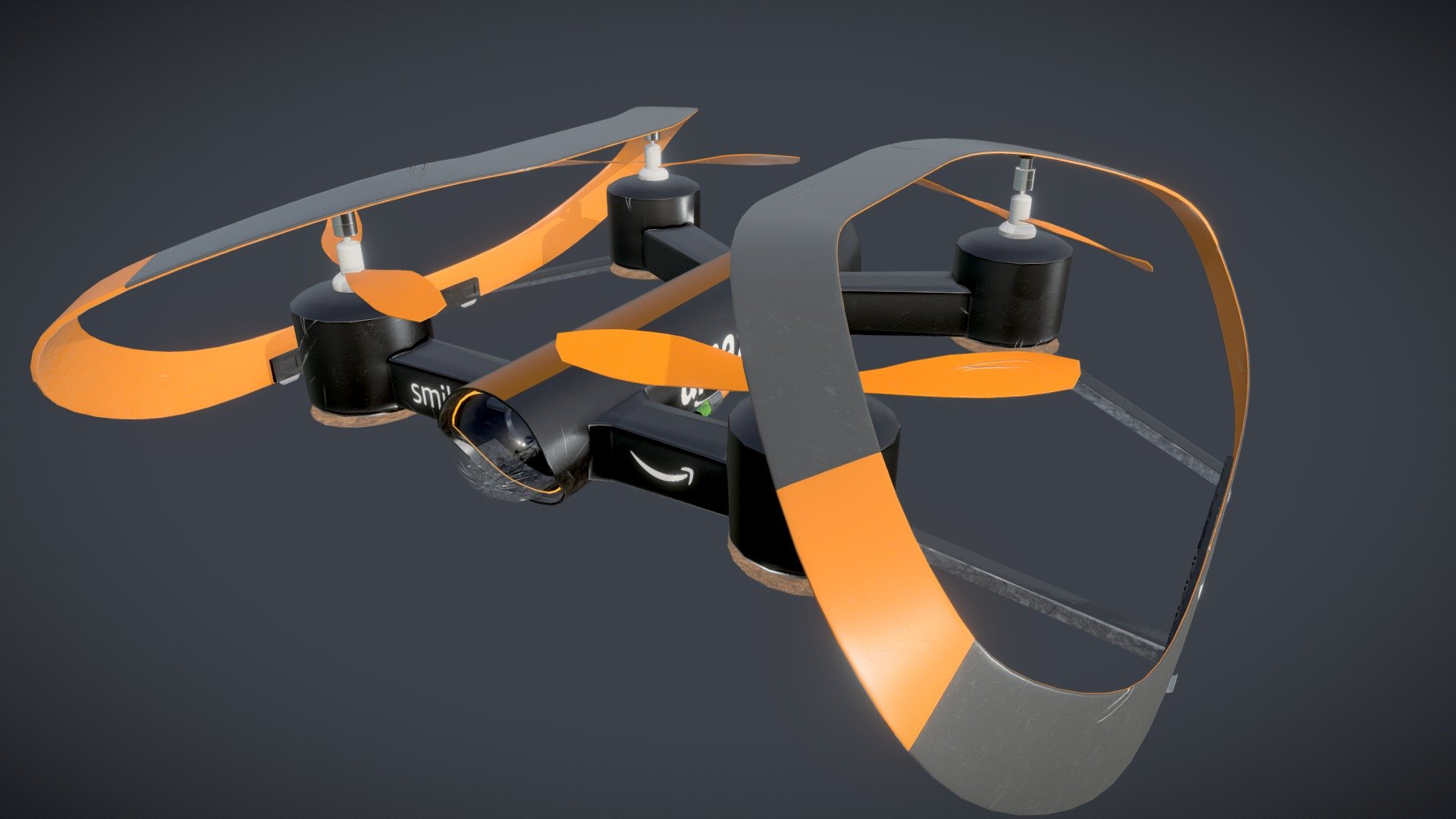 This is a little passed the blockout stage of my Drone model. This is my high-res model, currently straight ripped from Maya and put into here. The dome on the front and the glass on the tranq dart will eventually be glass.
Updated with damage and more tranq tech!

The story behind the drone is quite simple: In the near future, a very popular company that rhymes with &lsquo;Samason' will have taken control of our world. These drones will not only deliver your packages, but they will tranquilize any porch pirates that try to steal them! They also actively seek out people who aren't Prime members, and those who are found are promptly tranquilized and brought into a secret meeting. There, they are forced&ndash; ahem, convinced&ndash; to become a Prime member so they can be protected like everyone else 3d model