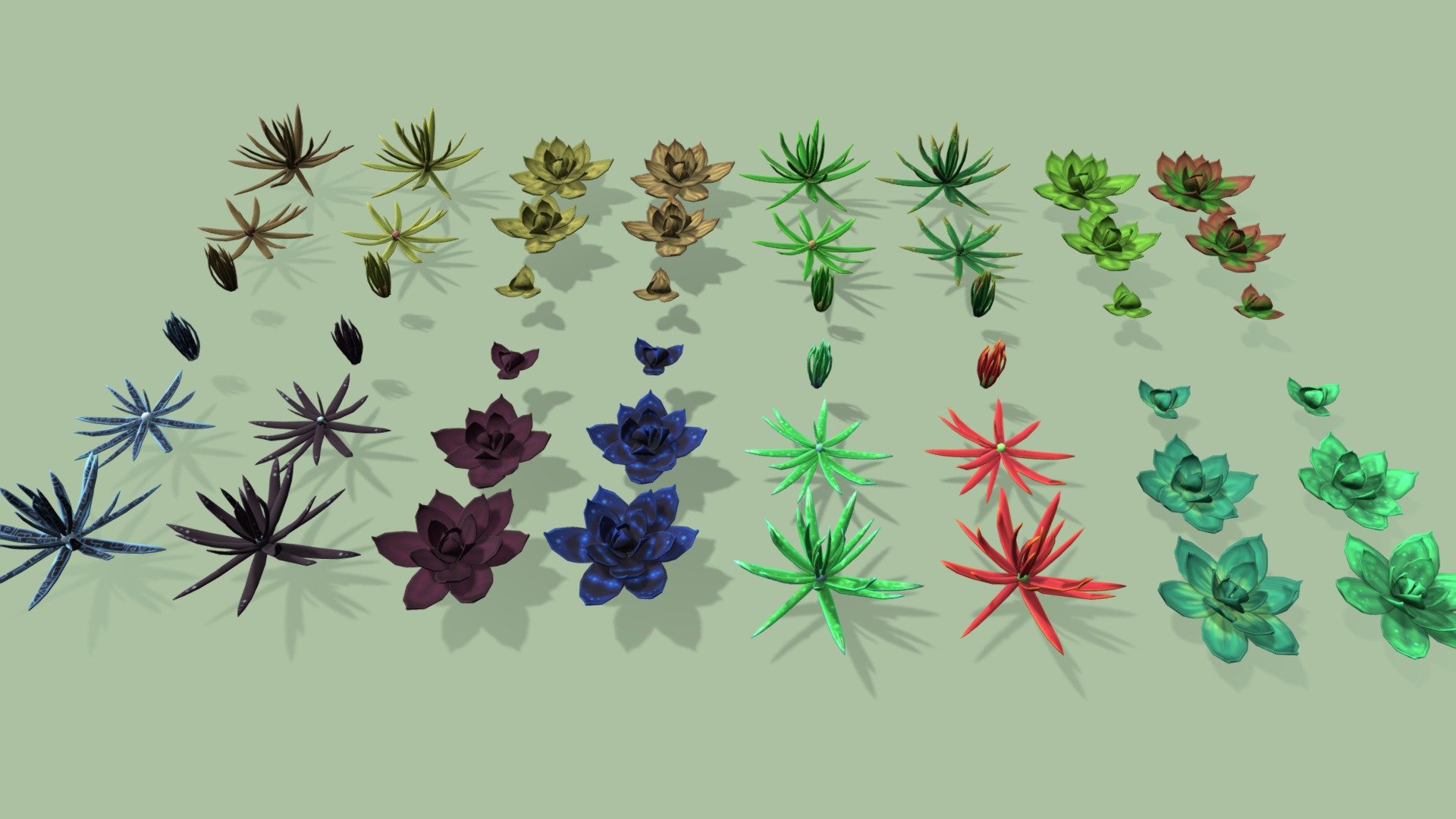 6 different 3D models with 8 designs.
Usable for beautiful environments of a normal or fantasy world.
There are designs for deserts, or under the sea or even more alien plants 3d model