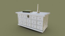 Wooden coffer vintage, painted, books, candle, blender3d, wood, cycles, interior, livingroom