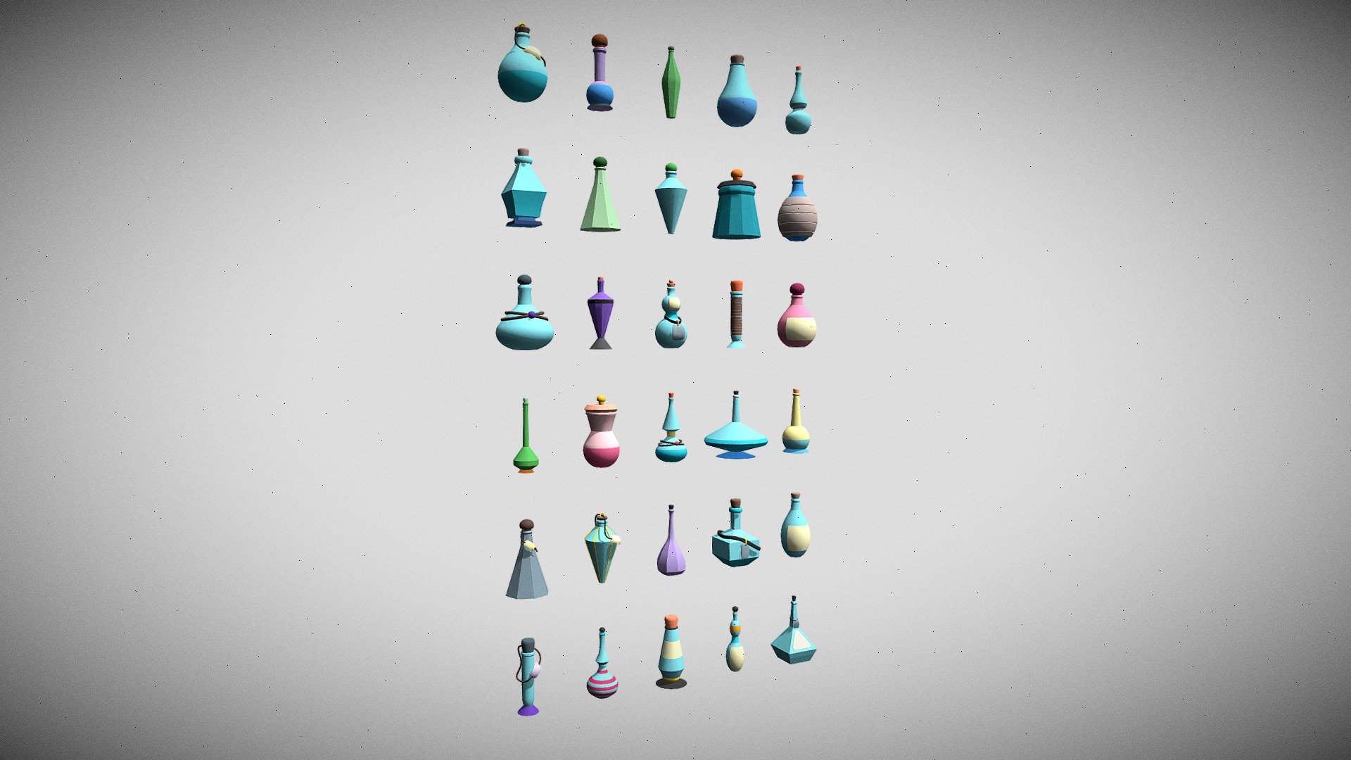 The set consists of 30 different flasks

All models have 48,9k triangles.

Used for games, rendering, advertising.

One texture and one material are used for the whole set.

files:blender c4d  maya 3dsmax fbx  obj

If you liked this set, please leave a review! It will help me to create even more product and please you! - Cartoon flasks - Buy Royalty Free 3D model by 7ka (@Verasavy) 3d model