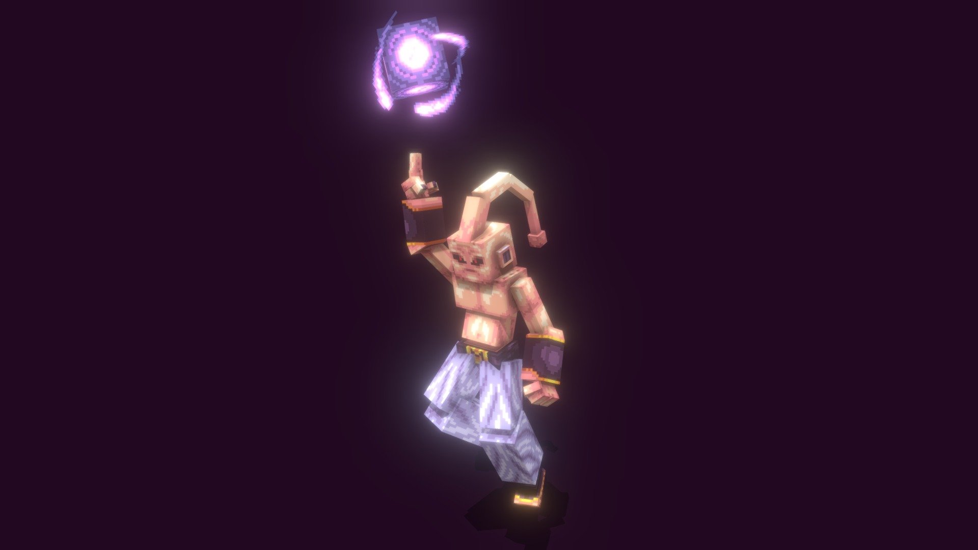 Kid Buu is almost identical in terms of appearance to that of Super Buu, with the exception that he is childlike in terms of stature and his antenna also becomes quite short. In the manga, Kid Buu does not have any fingers besides the small index finger, but in the anime and video-games, he has the regular four fingers and a thumb. Just like the other Buus, he wears baggy white pants with a black belt showing the Majin 3d model