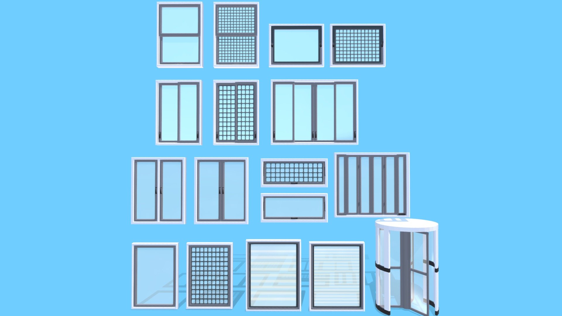 Pratice of uploading animated objects to Sketchfab.
From top left, there are ;
* single hung windows,
* horizontal pivot windows,
* single glider windows,
* double glider windows,
* double casement windows,
* awning windows,
* holding windows,
* picture windows,
* jalousie windows, and
* revolving door.

No texture but UV mapped for future use.
Lowpoly.
Made with Blender 3d model