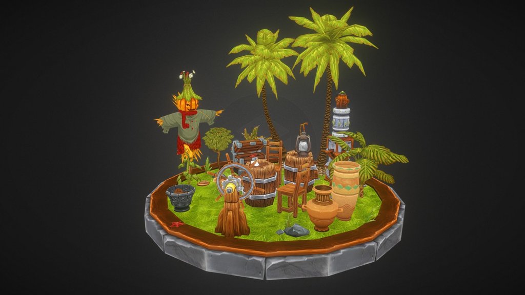 Some of the assets from a game I used to work on.
The game was called The Robinsons and was developed by Ten Square Games. 
This was my first 3D game project and I really enjoyed low poly stylized modeling and hand painting the textures.
Take a few minutes to explore this scene and tell me what you think!
You can double click an asset to centre and rotate around it.
Enjoy!