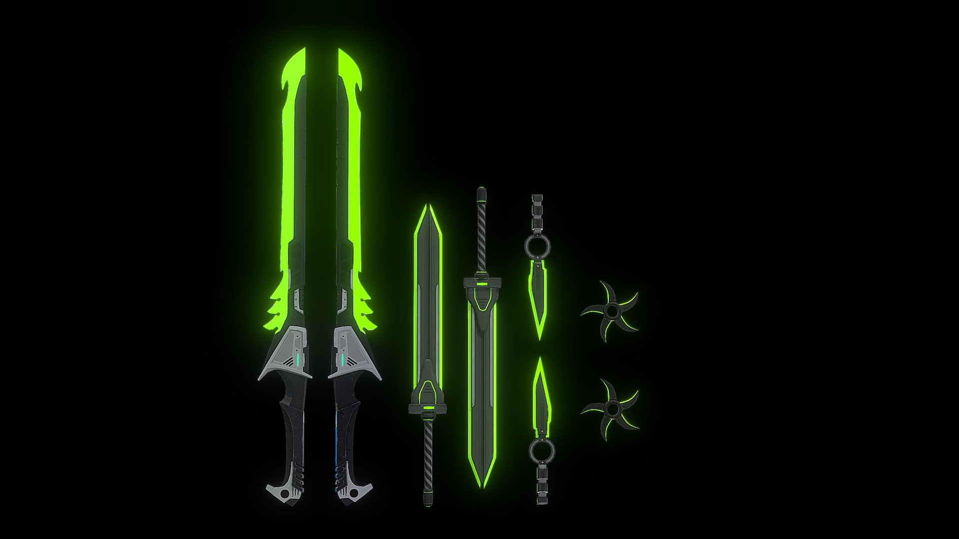 This asset contains a 3D model of the completer weapons set including: A long sword, short sword, a Knife, and a Shuriken that can easily be integrated into any environment. It is a highly detailed model with texture customizable, realistic weaponry. This model promises you a neat &amp; tidy design that would completely make the integration of this asset in your game much easier. This weapon set contains the following items:\n•   NeoCyber One Handed Long Sword: A beautiful Long Sword with realistic texture and detailing and futuristic handle and hilt.\n•   NeoCyber Short Sword: A Short Sword with realistic texture and detailing and Simple yet subtle eye-catching hilt and handle.\n•   NeoCyber Slip Knife: An additional accessory to the weapons set is the NeoCyber Slip Knife. Best when incorporated for stealth based games.\n•   NeoCyber Shuriken: Of course, no weapons set will be complete without a throwable item. A more towards the traditional side but still very useful. A perfect harmony between aesthetically deadly.