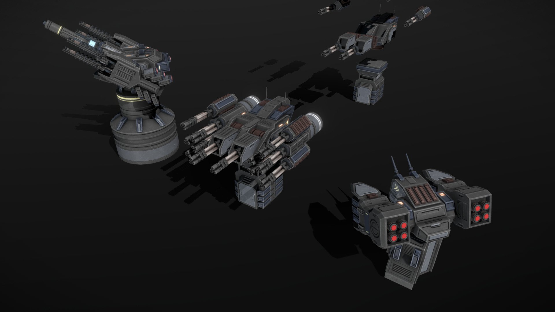 This pack contains low-poly and game-ready modular scifi turret parts. The barrels/missile racks from the “Modular Mech Weapons” pack are compatible with these turrets.

The turrets are composed of separate meshes that can be animated with a keyframe animation tool. 

The following modular parts are included in this model pack: 3 bases, 3 turrets, 9 side pods, 6 barrels, 2 missile launcher pods, 2 missiles. (not all parts are shown in the sketchfab viewer).

The model comes with several differently colored texture sets. The PSD file with intact layers is included.

Please note: The textures in the Sketchfab viewer have a reduced resolution to improve Sketchfab loading speed.

If you have bought this model please make sure to download the “additional file”.  It contains FBX and OBJ meshes, full resolution textures and the source PSDs with intact layers. The meshes are separate and can be animated (e.g. firing animations).