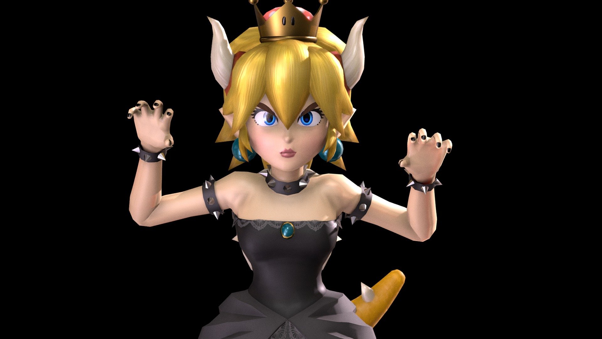 3D model of Bowsette, I tried to make the concept faithful to the Super Smash Bros Ultimate saga. It was modeled, Textured and Rigged in Blender 2.79 (PBR), shaded in Blender 2.8 beta. The rig contains basic IK drivers, controllers for fingers and eyes.

Blend File Containts:
- Character 3d Model
- Accesories 3d Models
- UV Mapping with multiples UV
- PBR Textures (Diffuse, Ambient Oclusion, Metallic, Specular, Roughnnes and Bump).
-Basic Rig with IK controllers.
-5 Poses

FBX File:
- Character 3d Model
- Accesories 3d Models
- UV Mapping with multiples UV
- PBR Textures (Diffuse, Ambient Oclusion, Metallic, Specular, Roughnnes and Bump).
-Basic Rig

Details from Mesh:
Polygons: 5,948
Vertex: 6,034

Contact:
mikeblueg@hotmail.com