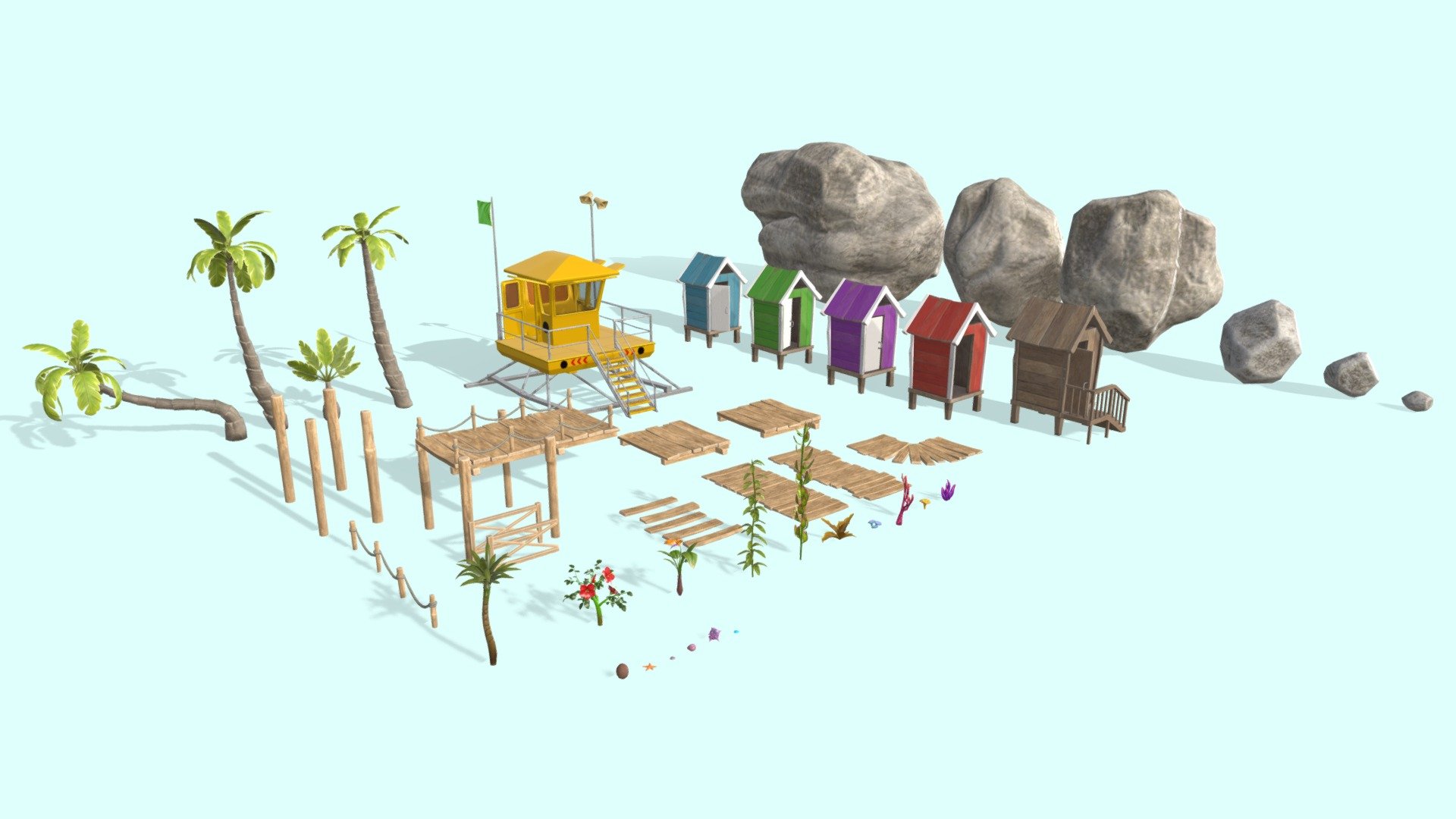 Environment and buildings from the KEKOS Tropical Beach package.

Ready to import in your preferred videogame engine or 3D software.

MODELS INCLUDED:

Environment: 3 different Palmtrees, Cyca Palm, Hibiscus, Paradise Bird Plant, Yuca, Coconut, 4 different Corals, 3 different Algae, 3 Big Rocks Formation, 3 Small Rocks, Starfish, 4 different Seashells.

Buildings: Lifeguard Kiosk, 5 different colored Changing Booths, Stairs for changing booths, 2 Wood Fences, 2 Planks Roads, Curved Plank Road, 2 Wooden Walkways, Wooden Dock, 5 Wooden Planks, Wooden Railing, 2 Wooden Supports.

FORMAT:

FBX

POLYGON COUNT:

MIN~400 triangles (for small assets) / MAX~12k triangles (for complex assets like lifeguard kiosk).

TEXTURES:

PBR Textures: Diffuse + Normal map + Metallic (R) / Smoothness (A) / Ambient Oclussion (G) + Emissive (for all corals)

Size: 2048x2048 or 1024x1024. A few 4096x4096 for detailed parts.

PNG format