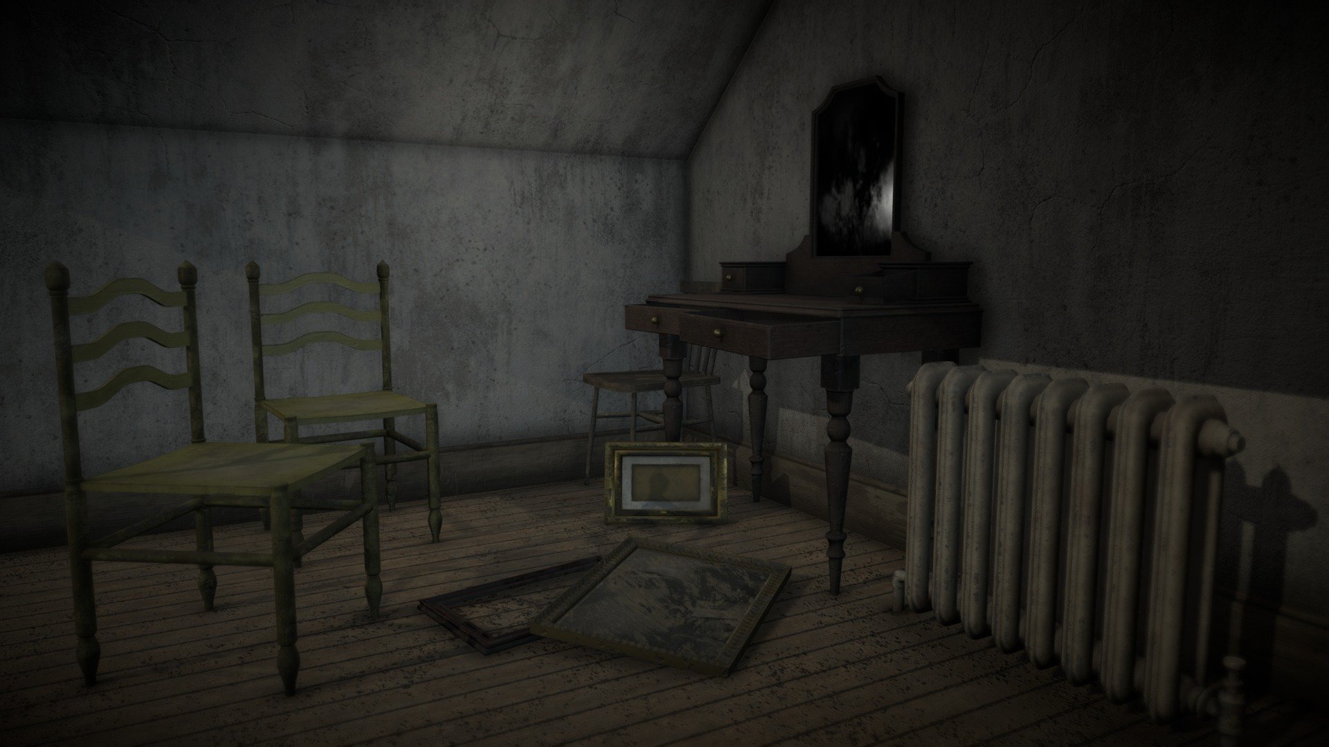 An attic scene I've been working as a side project. I wanted to do something simple and not too cluttered, so I wouldn't have to worry about filling up space. The goal was to invest more time into working on textures and materials, and try to capture a certain mood and atmosphere with the help of lighting. The scene is based on a photograph (with modification), unfortunately I cannot find the name of the photographer.