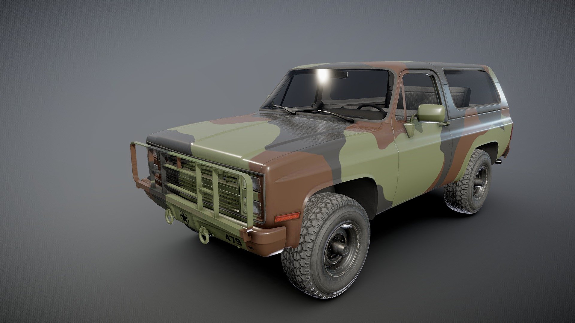 USA military offroad vehiclecar model.

Midpoly exterior.

Lowpoly interior(1024x1024 diffuse texture).

Low poly wheels with PBR textures(2048x2048).

Full model - 47882 tris 27572 verts

Lowpoly interior -3485 tris 2062 verts

Wheels - 11668 tris 6344 verts

Original scale

Length - 4,3m, widht - 1,8m, hieght - 1,72m

Model ready for real-time apps, games, virtual reality and augmented reality.

Asset looks accuracy and realistic and become a good part of your project.