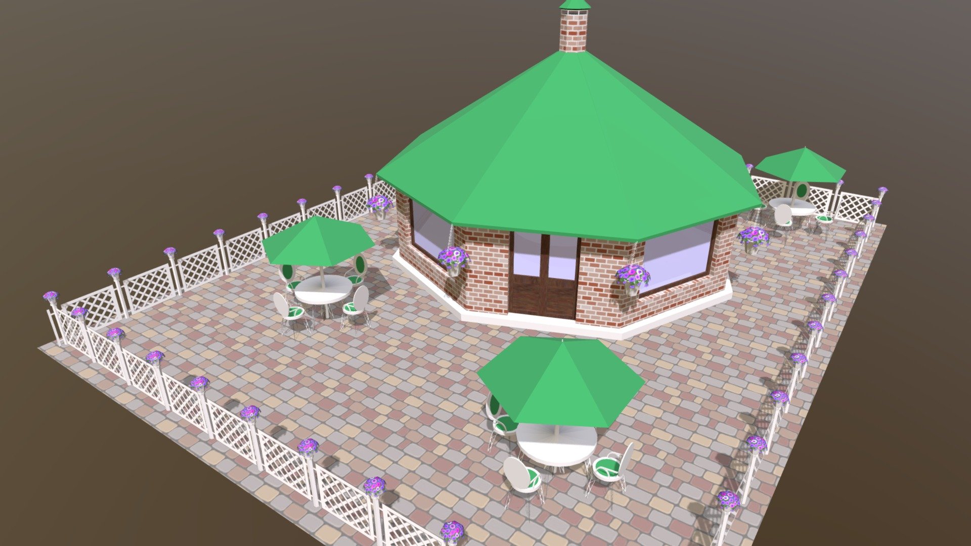 A small scene with several small objects: a summer caffee-shop, tables with umbrella, fences with flower pots. LowPoly. Textured.
Made by @yellika optimized by @Moora and me. Part of our Forest Riders driving simualtor game.