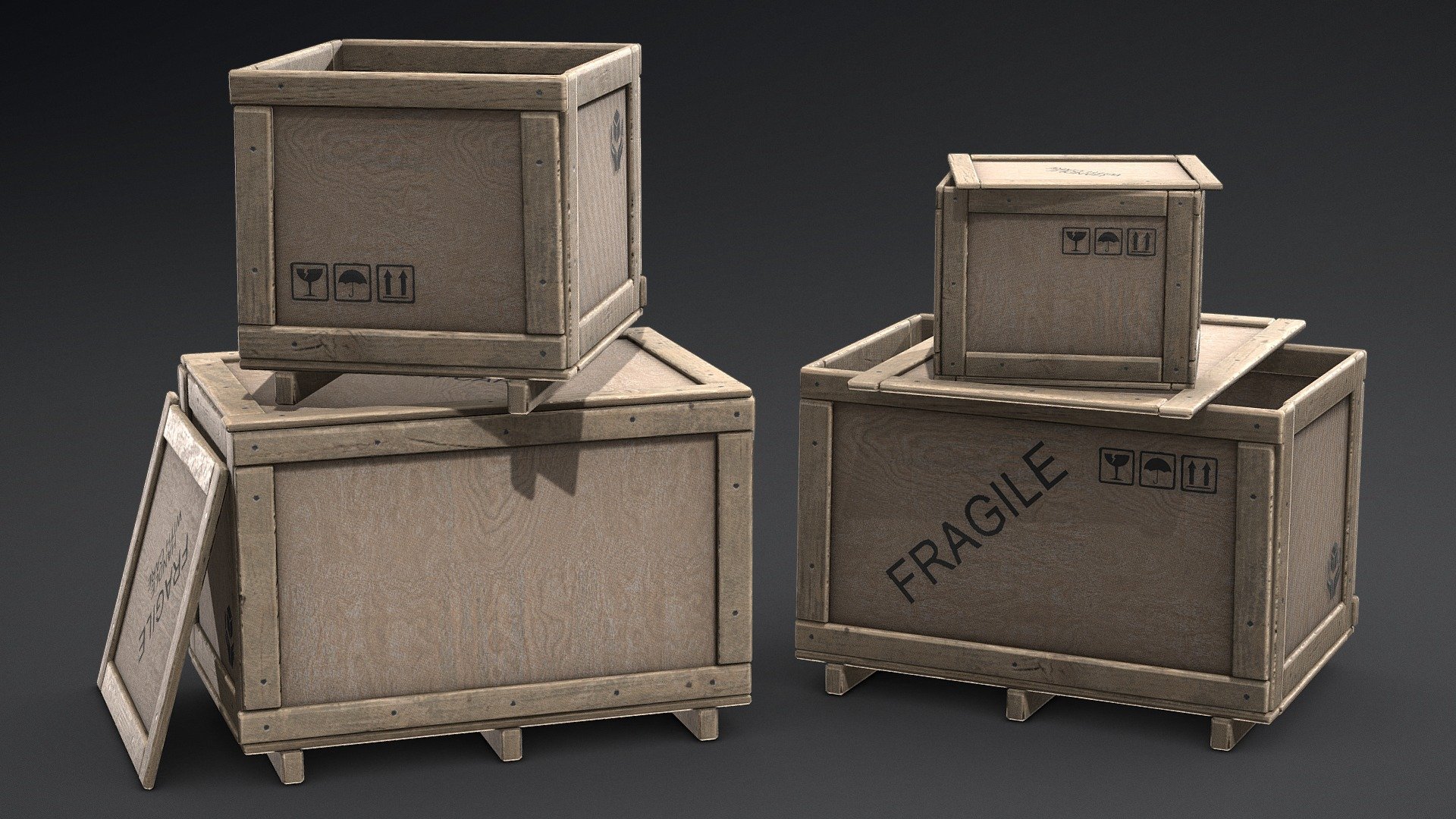 Plywood crates set!
Comes with Unity &amp; Unreal Engine textures!

Pack contains:

All crates use one wood material &amp; have separate material for stencils, which u can remove or make your custom designs!

Models - download additional files!




Small plywood crate low-poly file (.fbx, .obj) - 1100 tris only!

Medium plywood crate low-poly file (.fbx, .obj) - 1200 tris only!

Large plywood crate low-poly file (.fbx, .obj) - 1150 tris only!

Separated lid meshes for each crate low-poly file (.fbx, .obj)

Crate panels and planks prepared for bake high-poly file (.fbx, .obj)

Unity textures :




Albedo 2048x2048

Normal 2048x2048

Specular 2048x2048

Ambient Oclussion 2048x2048

UE4 textures :




Albedo 2048x2048

Normal 2048x2048

ORM (Oclussion, Roughness, Metalness - channel packed texture) 2048x2048



Feel free to contact me via PM. Happy shopping, .MG


VR / AR / Low-poly / Game ready / plywood /  wooden crate / container / box / shipping 3D model