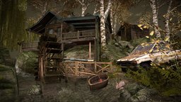 DAE Diorama - Forest Loner dae, trees, forest, river, cabin, foliage, woods, bushes, ferns, house, car
