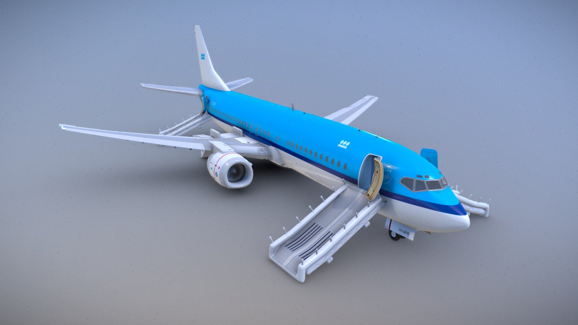 Passenger airplane with emergency evacuation slides deployed.

An evacuation slide is an inflatable slide used to evacuate an aircraft quickly.

Created in 3ds Max and converted to USDZ using Xcode. No interior, for external views only.