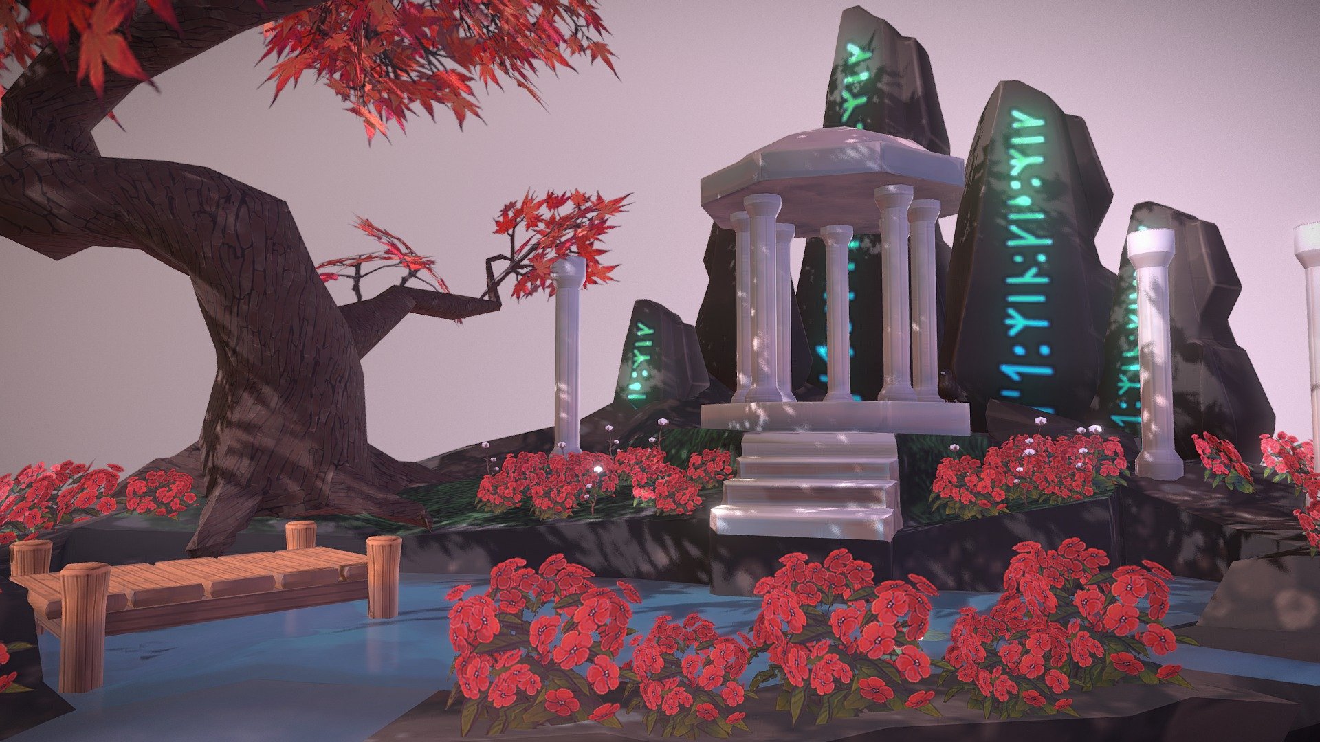 Second first year project for DMU! I wanted to try animating the water but quickly found out that it wouldn't work with the alphas put in place haha. The runes on the rocks say &lsquo;ost:min:kis:mik': &lsquo;my love, kiss me' to keep with the romantic setting!