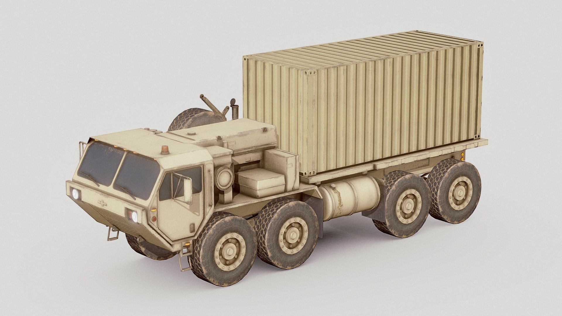 Check out this collection for more: US army vehicle models

The Heavy Expanded Mobility Tactical Truck (HEMTT) is an eight-wheel drive, diesel-powered, 10-short-ton tactical truck. The M977 HEMTT first entered service in 1982 with the United States Army as a replacement for the M520 Goer, and since that date has remained in production for the U.S. Army and other nations. Current variants have the A4 suffix.

The 10×10 Logistic Vehicle System Replacement (LVSR) is the United States Marines Corps' (USMC) equivalent to the U.S. Army's 8×8 HEMTT and 10×10 Palletized Load System (PLS). The USMC do not use the HEMTT or PLS, and the Army does not use the LVSR, but both services use a common trailer (M1076) with all three truck types.