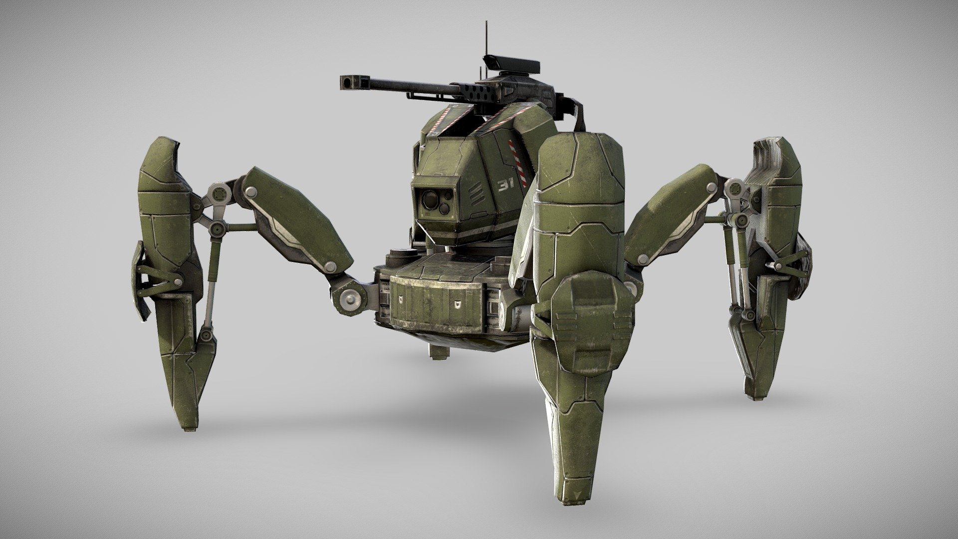 The model is a unit for a top down turn based game im working on. This units main purpose is for dealing high damage at long range. 

The mech is its used in ambushes on convoys, mainly deployed remotley it will relocate to a vantage point and wait until any enemy units come in range.

Modeled in Maya. Textured in Quixel/photshop 2048x2048.