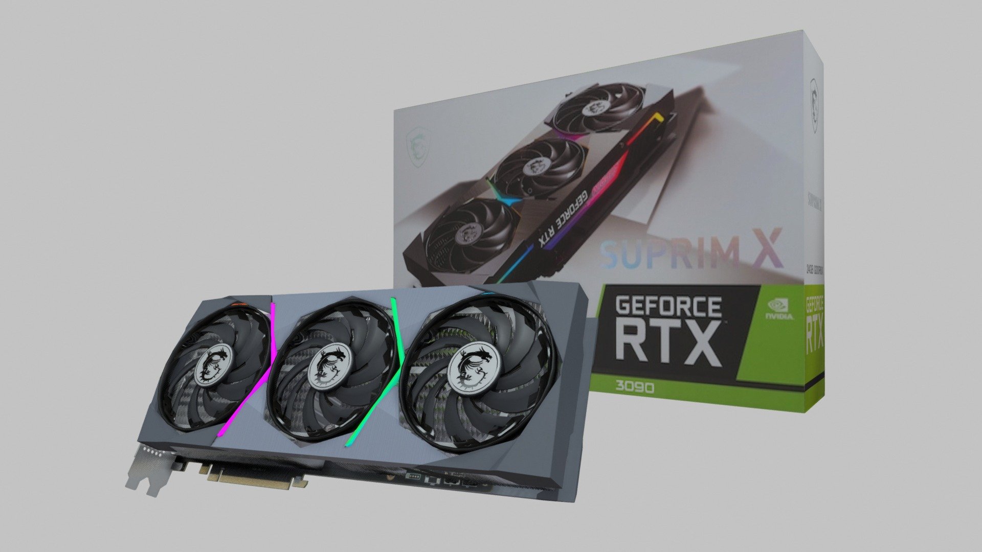 MSI GeForce RTX™ 3090 SUPRIM X • BFGPU





made on Blender


Additional file contains




RTX 3090 Original File (.blend)

.gltf/.glb

RTX 3090 Suprim X Box (.blend file)

Textures

The GeForce RTX™ 3090 Ti and 3090 are big ferocious GPUs (BFGPUs) with TITAN class performance. Powered by Ampere—NVIDIA’s 2nd gen RTX architecture—they double down on ray tracing and AI performance with enhanced Ray Tracing Cores, Tensor Cores, and new streaming multiprocessors. Plus, they feature a staggering 24 GB of G6X memory, all to deliver the ultimate experience for gamers and creators.



My Socials





My Discord Server | https://discord.gg/G8AvAkvcsr

My Instagram | https://www.instagram.com/meu9mm98/

My Twitch | https://www.twitch.tv/meu9mm98

? If you have any questions, contact me on discord.

! Do not repost my model on another site without my authorization.



Version History

V2.0
