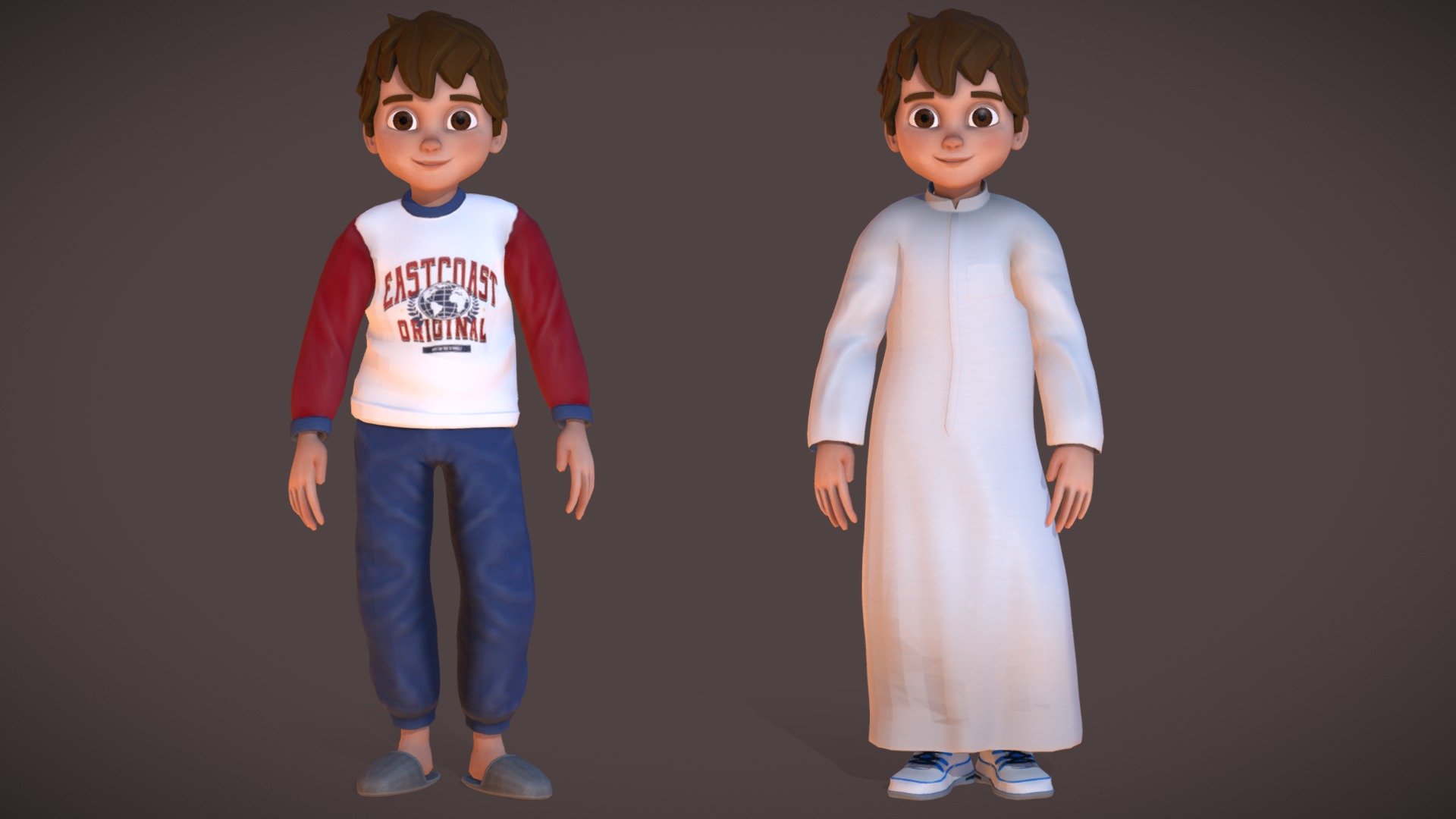 Arabi boy character made as a game-ready model in two versions, one with a school uniform and the other with a pajama outfit.