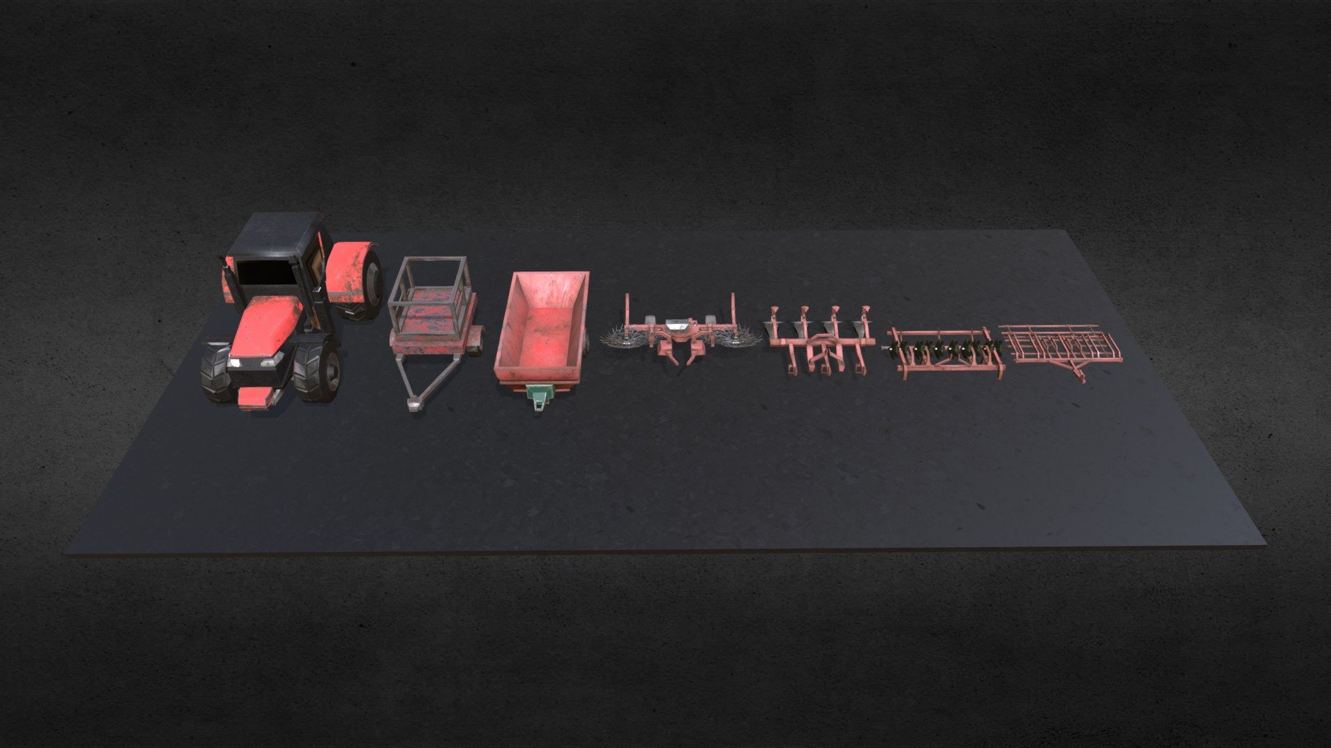 Tractor\n2 Trailers\nHarrow\nPlow\nCrusher\nSeeder\n\nOpened UV Maps\nTextured PBR Textures.