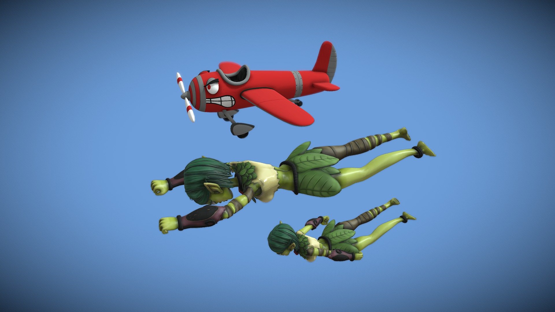 Animated loop of  Flying Elves fly in formation with Cartoon Airplane.