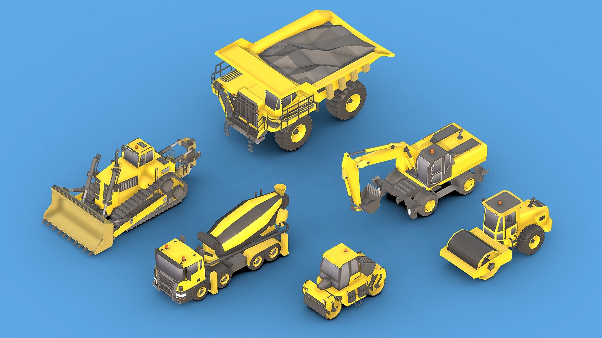 Collection Construction Vehicles Low- Poly_1

This package includes 6 vehicles.

You can use these models in any game and project.

This model is made with order and precision.

Textures format is PNG.

Separated parts (body. wheels).

Very low poly.

Low poly (Mobile Optimized).

Vehicles have separate parts.

Average poly count: 3/000 Tris.

Texture size: 256(PNG).

Each model has 1 textures .

Each model has 1 materials .

The parts are separated.

format: fbx, obj, 3d max