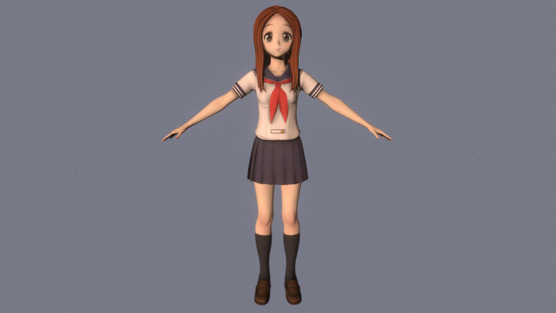T-pose rigged model of anime girl Takagi-san (Karakai Jouzu no Takagi-san).\n\nBody and clothings are rigged and skinned by 3ds Max CAT system.\n\nEye direction and facial animation controlled by Morpher modifier / Shape Keys / Blendshape.\n\nThis product include .FBX (ver. 7200) and .MAX (ver. 2010) files.\n\n3ds Max version is turbosmoothed to give a high quality render (as you can see here).\n\nOriginal main body mesh have ~7.000 polys.\n\nThis 3D model may need some tweaking to adapt the rig system to games engine and other platforms.\n\nI support convert model to various file formats (the rig data will be lost in this process): 3DS; AI; ASE; DAE; DWF; DWG; DXF; FLT; HTR; IGS; M3G; MQO; OBJ; SAT; STL; W3D; WRL; X.\n\nYou could purchase my model at: bit.ly/41y1JDe\n\nAnd I can make commission models.
