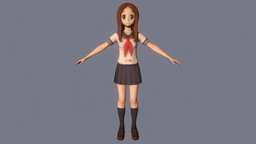 T pose rigged model of Takagi-san hat, cute, teenage, dress, teen, uniform, woman, t-shirt, schoolgirl, takagi, shortpants, anime-girl, girl, female, anime, rigged, takagi-san, karakai-jouzu-no-takagi-san
