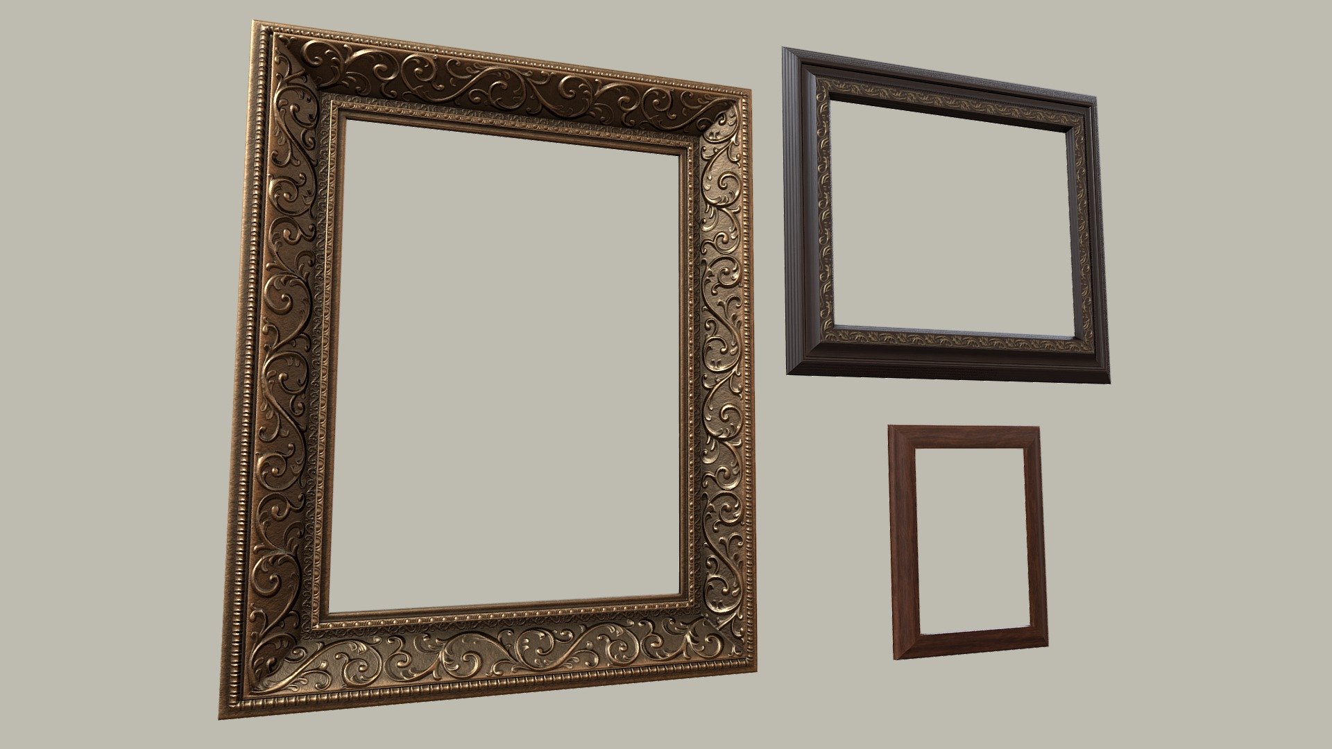 Assorted picture frames, ready to use for any archvis or realtime applications.

Contents:

frame1 (gold frame) fbx, 2k pbr set, ARM texture (R - AO, G - Metalness, B - Roughness)

frame2 (black and gold frame) fbx, 2k pbr set, ARM texture (R - AO, G - Metalness, B - Roughness)

frame3 (wood frame) fbx, 1k pbr set, ARM texture (R - AO, G - Metalness, B - Roughness)

Comment if you have any questions.