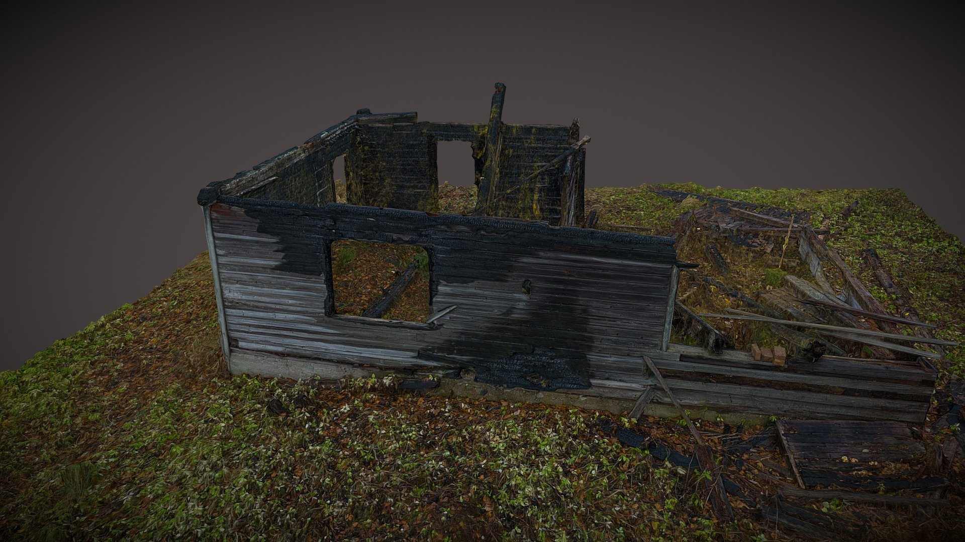 Old burned wooden house.

Photogrammetry reconstruction in RealityCapture from 54 images. © Saulius Zaura www.dronepartner.lt 2022