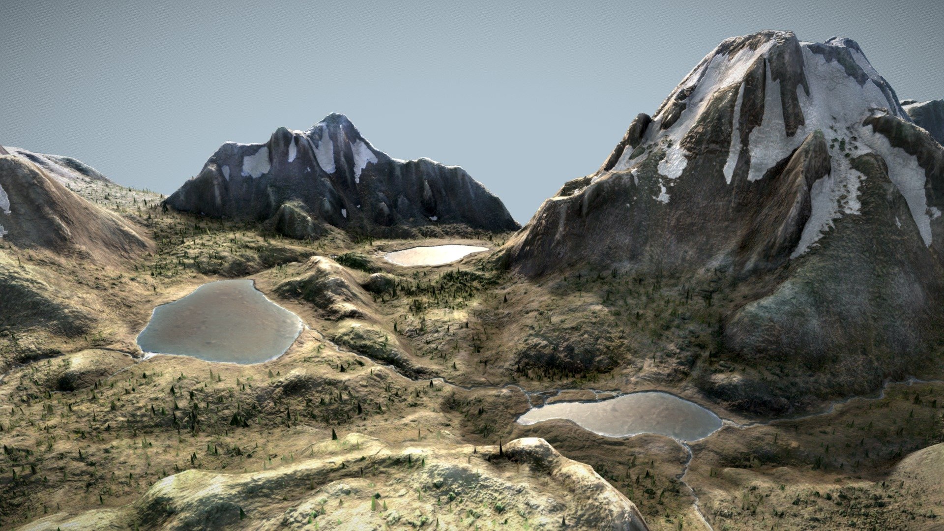 Panoramic background scene, ideally to be used as a backdrop for game or cinematic.  

4k Textures (Albedo, Normal, Displacement, AO, and Roughness) 

ZIP file also contains Supplemental Texture Masks ( Snow, Trees, Water, and Moisture masks, 3 different baked lighting maps)

283k Tri (high poly as shown), ZIP also contains an additional low poly version (5k Tri), higher poly (635k Tri), and the originating 4096x4096 Height Map for further customization or use in different engines.