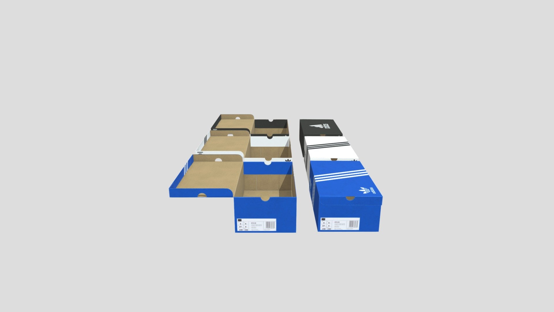 This Adidas Shoe Boxe set Contains:

6 Meshes (3 open, 3 Closed)

4, 4K Textures -Adidas Blue 4K Textures -Adidas White 4K Textures -Adidas Black 4K Textures -Cardboard Interior 4K Textures

Each mesh is 808 vertices and UV Unwrapped for future texturing.
