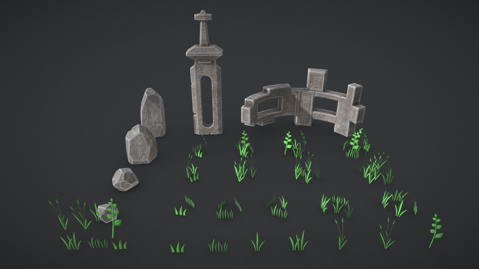 Stylized environment set. This set includes two architectural elements, several rocks and a set of plants. All plants on one texture atlas. 


Features:   

2 PBR materials for rocks and architectural elements (metallic/roughness); 

Plants texture maps: Diffusion, Opacity, Normal, Ambient Occlusion; 

Texture maps size 2048*2048; 

UV mapping: Yes, overlapping; 

Vertex Point: Yes, plants vertex painted with a gradient from black to white. The bottom is black;

Architectural elements: 278, 400 tris; 

Rocks: 248-284 tris; 

Group of plants: 5 – 46 tris.


I hope you will enjoy my product! If you have questions about this model or you have a problem send me: 

Artstation: www.artstation.com/comeback   

Email: c3posw@mail.ru 

I believe this world is beautiful and all problems can be solved!