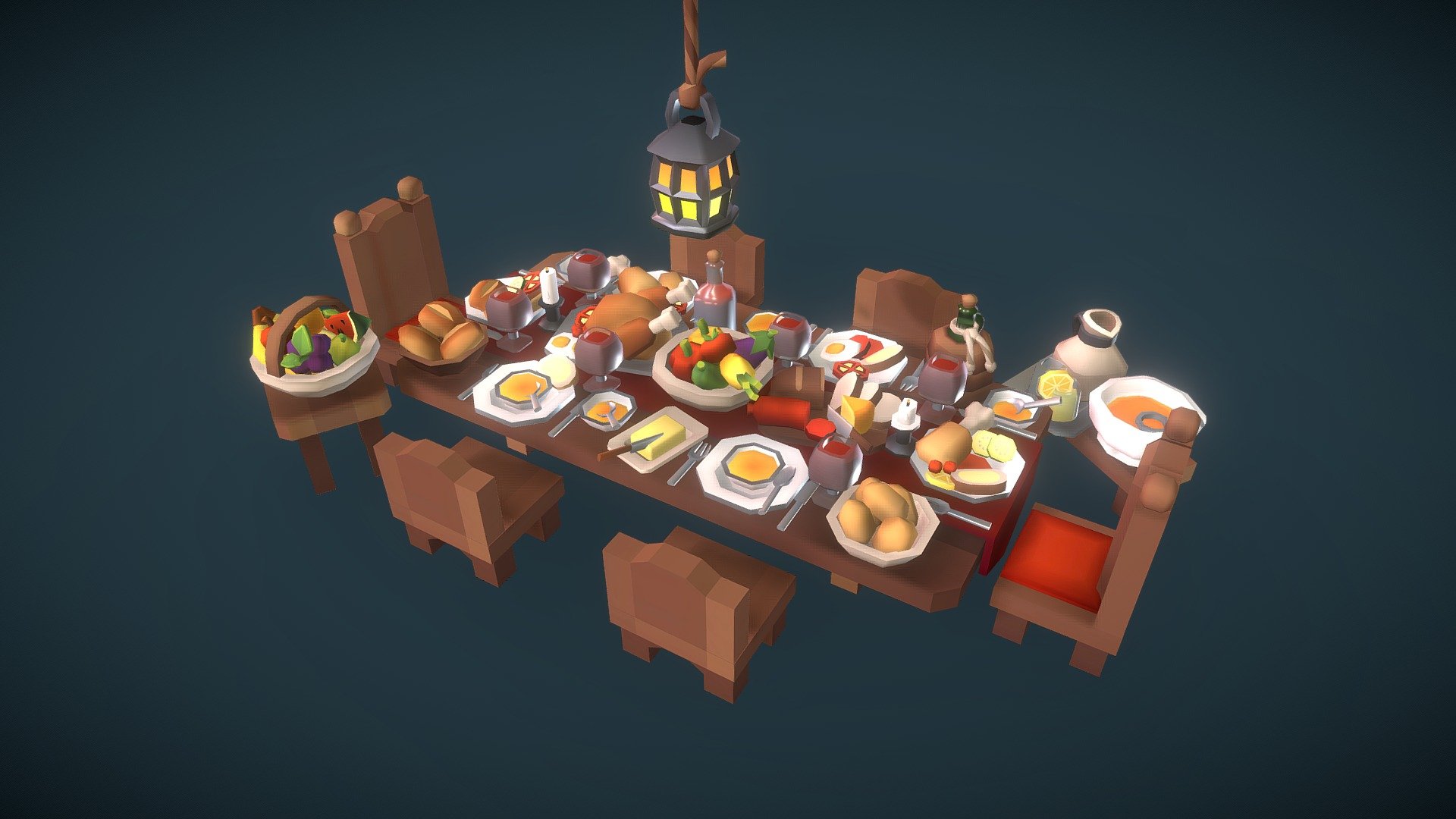 Tables laden with food, fruit bowls, roast chicken platters, bread, sausage, cheese, veggies and a bottle of wine. This set has all you need for a propper feast!

Included in this set:

2x steak raw
2x steak roasted
1x chicken roasted
1x chicken drumstick
3x cherry tomatos
1x egg sunny side up
2x eggs
2x cucumber
1x cucumber slice
1x eggplant
1x eggplant slice
1x tomato
1x tomato slice
2x potato
1x potato slice
1x sausage chain
1x sausage sliced
1x sausage
3x paprika 
3x paprika slice
1x carrot
1x carrot slice
1x grapes
2x bananas
1x banana slice
1x butter
1x bread loaf
1x bread loaf sliced
2x bread slice
1x apple
1x apple slice
1x orange
1x orange slice
1x lemon
1x lemon slice
1x melon
2x melon slice
1x pineapple
1x pear
1x cherry
2x cheese wheel
2x cheese slice
1x toast loaf
1x toast slice
2x bread rolls
3x plates
6x bowls
3x platters
1x glass
2x glass content
2x wine glass
1x wine glass content
3x beer glass
2x beer glass content
2x coffe mug
4x ale mug
3x rum bottle
3x wine bottle
&hellip; and much more!