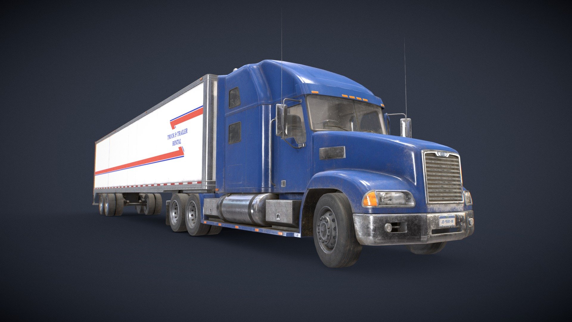 Game Ready Semi Truck with a 53 feet Dry Van Trailer available on Fab:

https://www.fab.com/listings/dc0bb59a-df42-4528-af37-263dfff4a10a

Low Poly vehicle including 4 different colors for Tractor:




The unit of measurement is centimeters

Cabin and Trailer interior fully modeled and textured

All doors, wheels, feet and steering wheel can be easily rigged/animated

All branding and labels are custom made

Second uv channel included for lightmaps

Packed ORM textures included for Unreal

4 BaseColor textures included for tractor body (red, blue, green and orange)

Polys:




Truck: 18562 (36071 tris)

Trailer: 7044 (13652 tris)

TOTAL:  25606 (49723 tris)

Maps sizes: 




Body: 4096x4096

Chassis: 4096x4096

Interior: 4096x4096

Wheels: 2048x2048

Windows: 1024x1024

Trailer Exterior: 4096x4096

Trailer Interior: 4096x4096

Trailer Decals: 2048x2048

Provided Maps:




Albedo 

Normal

Roughness

Metalness

AO

Opacity included in Albedo

Emissive
