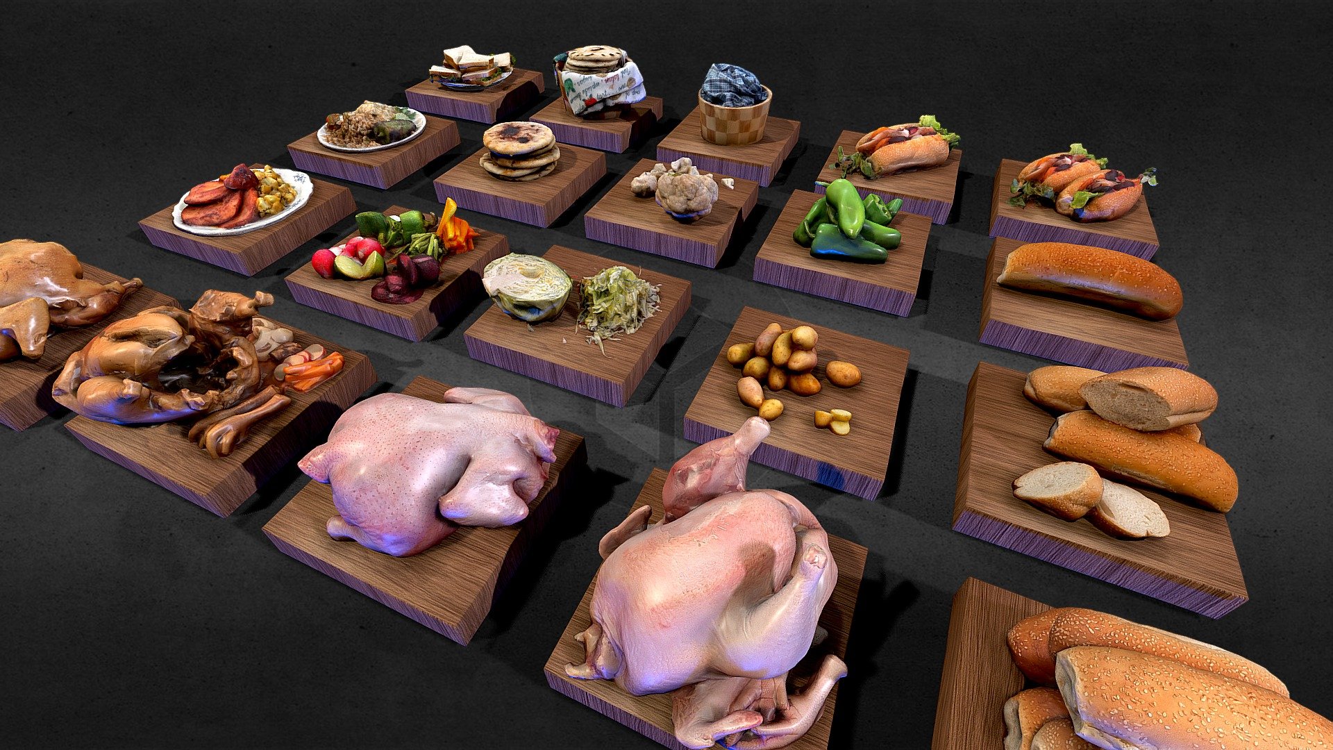 20 plates of various food, on wood, complete food ready for games, to use in virtual reality, this group includes:



2 breads with chicken

a bread with only chicken

wooden basket with blanket

tortillas in basket

sandwich plate

dish food rice meat

pupusas

cauliflower vegetablesweet green paprika vegetable

bread alone

broken breads

vegetables potatoes

vegetable. cabbagevarious vegetables

plate ham potatoes egg

cooked chicken side 1

cooked chicken vegetables side 2

raw chicken side 1

raw chicken side 2

stacked breads



Texture 2K and / or 4K clean UV, 

Clean UV, unfold polygons and ready for mobil games, 

medium or low polygons VR AND AR ready.


You can search for more assets like this:

 by click here
And a great partner

by click here