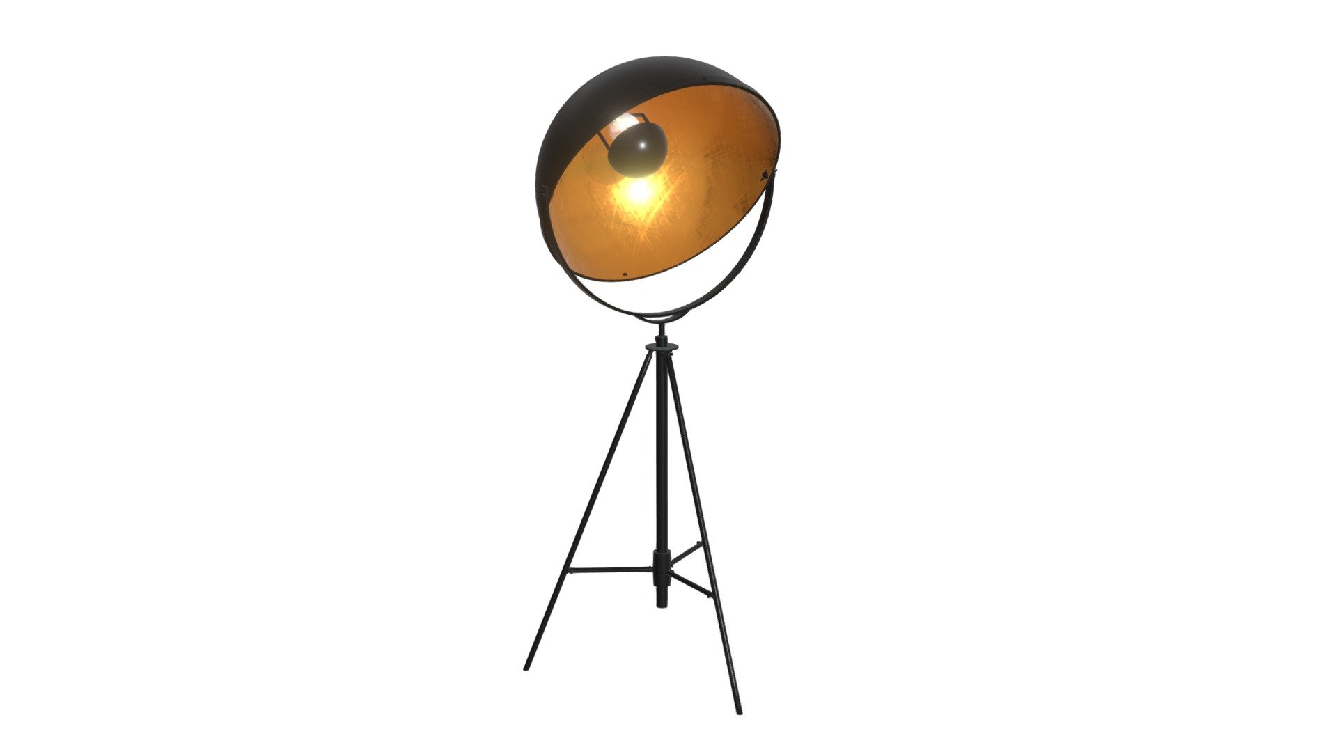 https://zuomod.com/vauxhall-floor-lamp-antique-black

Reminiscent of vintage stage lighting, this dramatic half dome lamp in black metal with it’s striking antique brass interior directs light wherever you need it. A gorgeous addition to a living room, office, or loft space. Adjustable tripod base measures from 63” up to 80.3” in height.