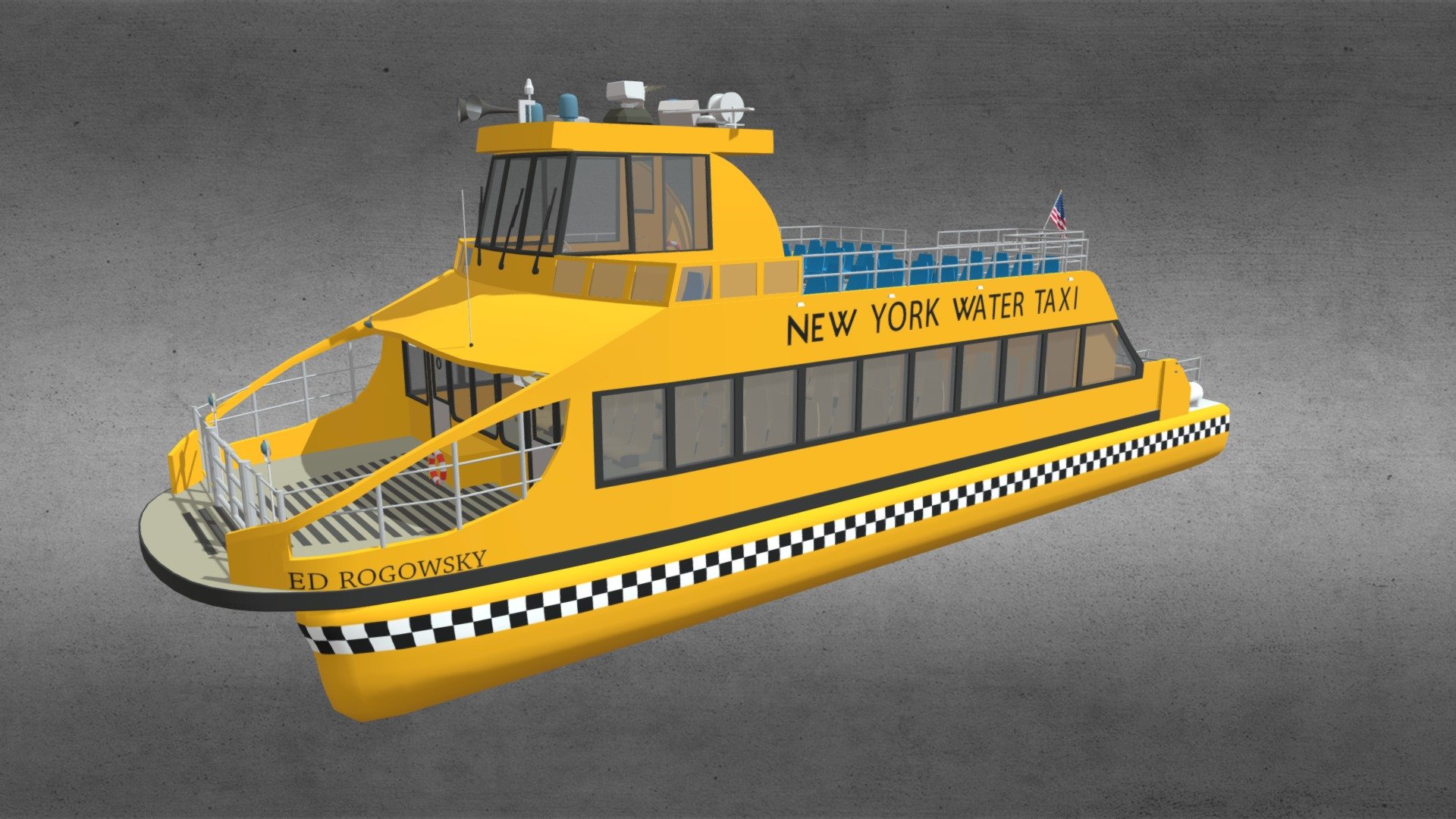 New York Water Taxi 3d model
originally created with 3ds Max 2015 and rendered in Mental Ray.

Total Poly Counts:
Poly Count = 46922
VertexCount =  49988

Please Visit:
https://nuralam3d.blogspot.com/2022/10/new-york-water-taxi-3d-model.html