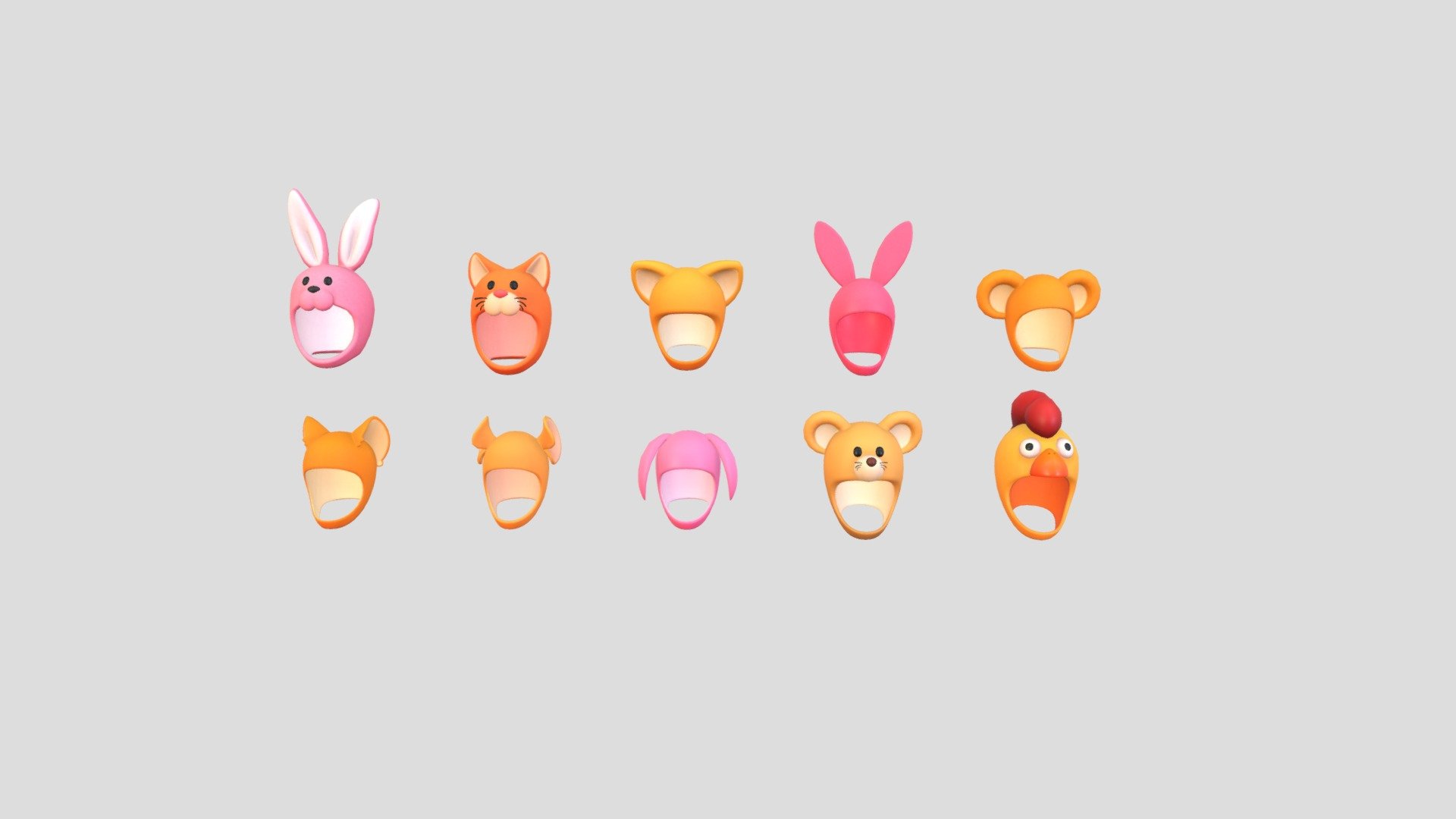 10 Hats  

- 3 Cat Hats 
- 3 Rabbit Hats 
- Rat Hat
- Hamster Hat
- Mouse Hat
- Chicken Hat 

File Format      
 
- 3ds max 2023  
 
- FBX  
 

Clean topology    

No Rig                          

Non-overlapping unwrapped UVs        
 


PNG texture               

2048x2048                


- Base Color                        

- Normal                            

- Roughness                         


