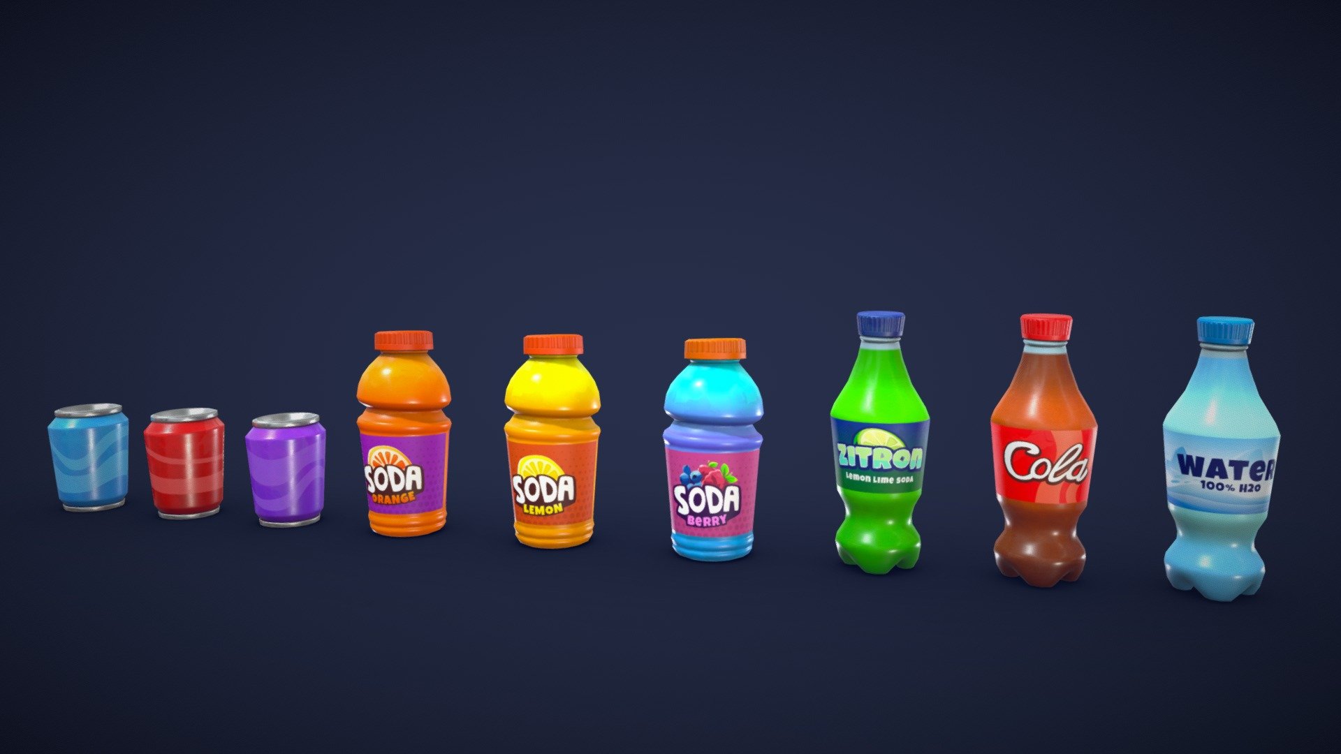 Quench your game’s thirst with this Soda and Soft Drinks Asset Pack! This pack contains 9 stylized cans and bottles. All models are low-poly and optimized for performance and quality. Cheers!


These assets are also included in the following asset packs:



Stylized Hot Dog Cart - Low Poly

Model information:




Optimized low-poly assets for real-time usage.

Optimized and clean UV mapping.

2K and 4K textures for the assets are included.

Compatible with Unreal Engine, Unity and similar engines.

All scene assets are included in a separate file as well.

