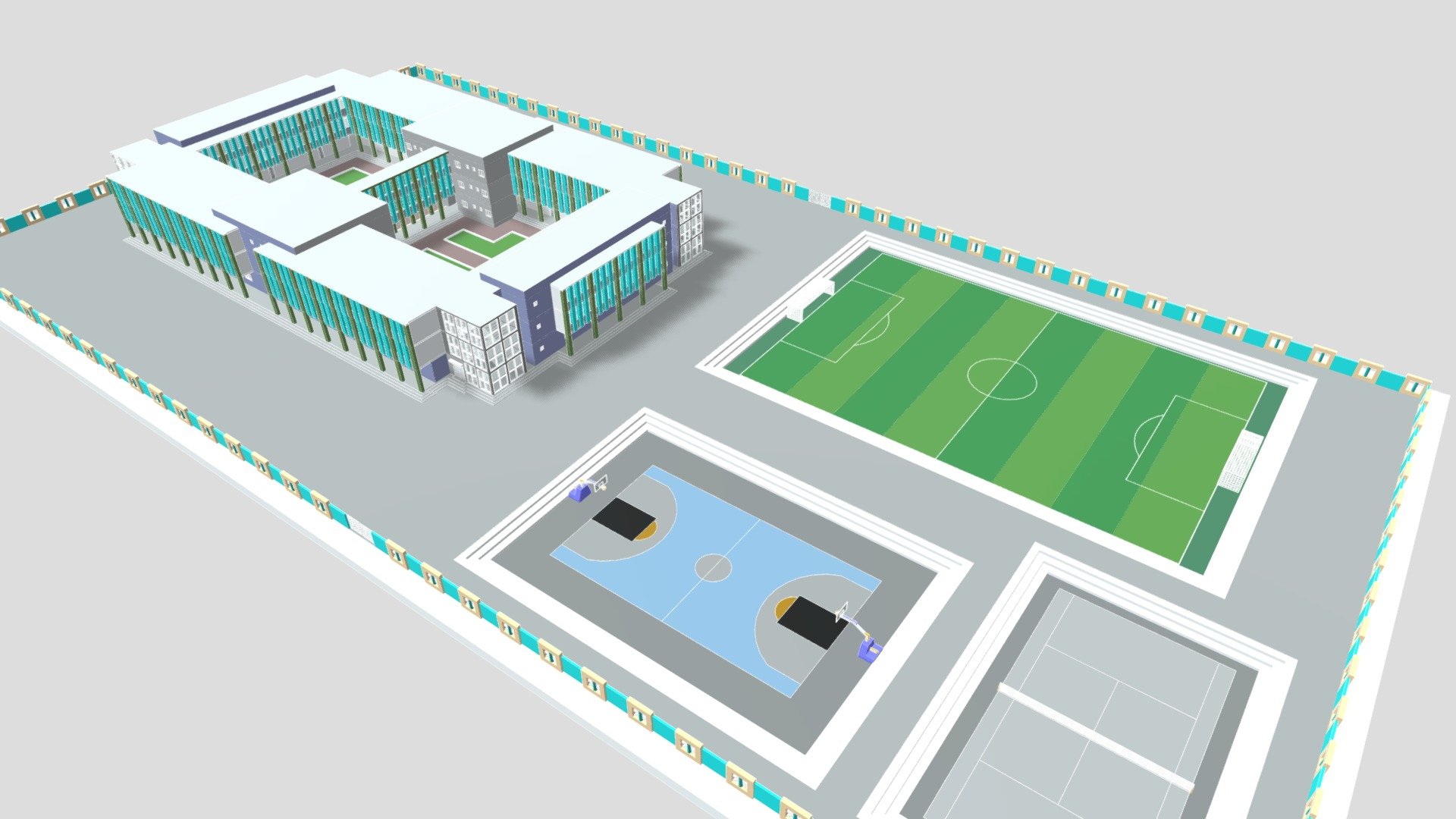 This descriptive memory is about a school with 44 classrooms, a meeting room, a computer room, a secretary, a library, a canteen, a multimedia room, 8 laboratory, directory, vice-directory, teachers' rooms, 18 public bathrooms and 24 private bathrooms,a baskebal court a soccer field and a tennis court.