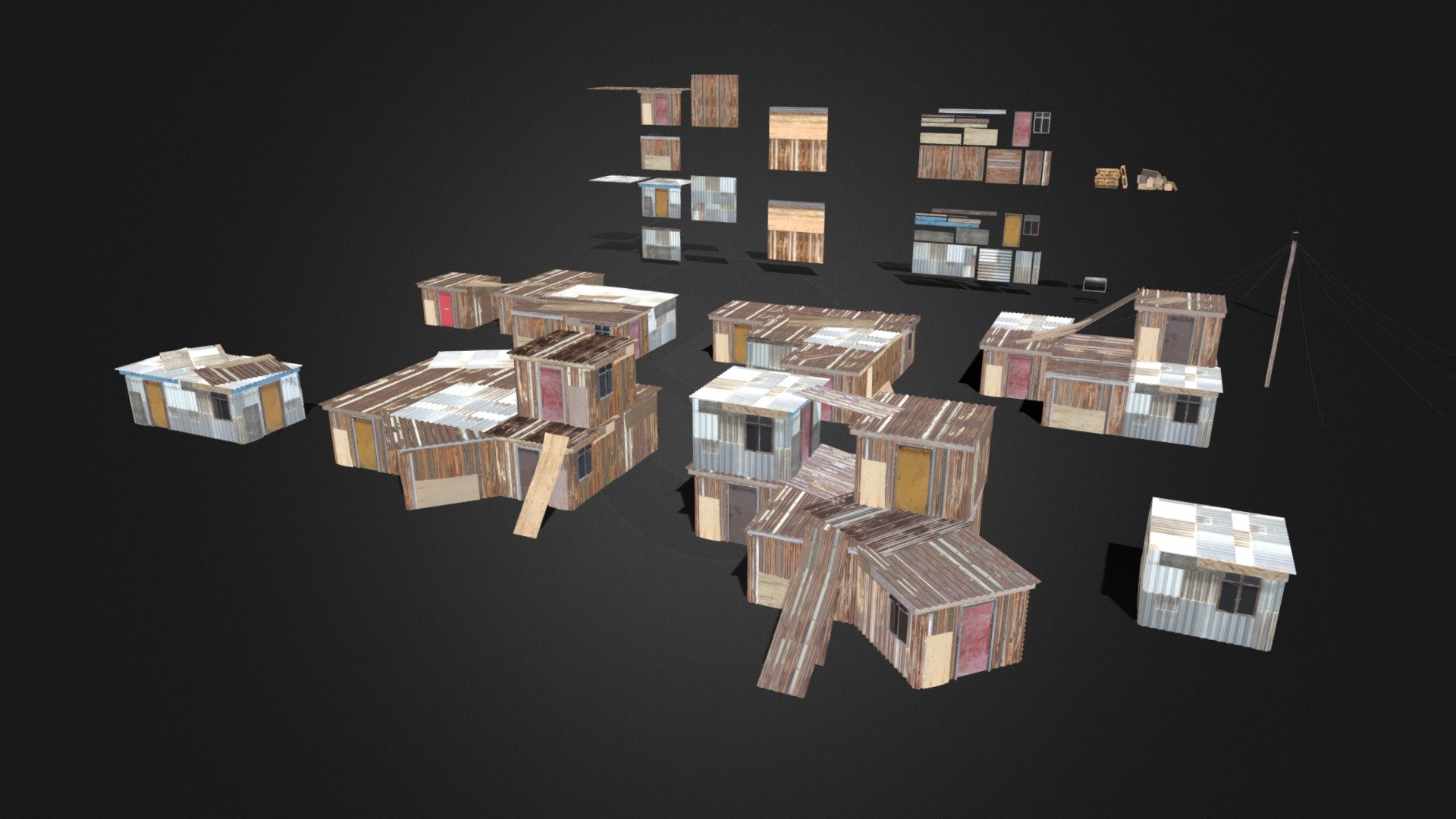 What is it?

3rd world kitbash to create slums
7 shacks pre made
All modular content used to create assets should you want to modify/add
All the environment detail visible in the render (incl. rubble, litter, trash etc.)
Textures are JPG

3d flies is Blender 3d format

Renderer is Cycles

2 Trim sheets, One atlas for the shacks. 

Various for the 3d scanned ground details such as the rubble

Shacks are reasonably Low poly - see scene stat numbers in the main thumbnails