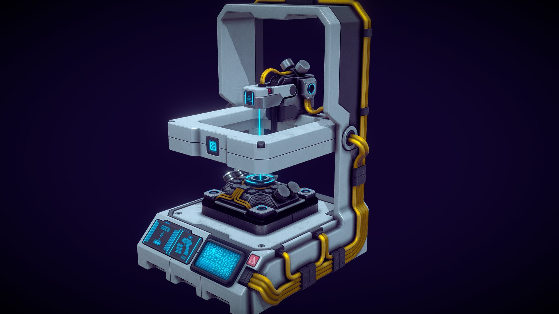 A sci-fi/Cyberpunk style 3D printer, using the latest laser guided nano-robotic technology.

I used a rotor showing different frames for the holograms but they might be a little choppy to some, I still have a lot to learn about animation. special thanks to @Matt_Rafferty for help with rigging

I was inspired by the fabricator in subnautica.

Modelled in maya textured in substance painter 2.