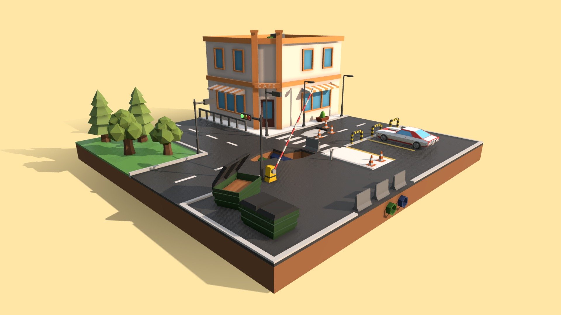 Small low poly-style diorama scene showing a crossroads with traffic lights, corner caffee shop, small park and parking lot with old muscle car parked. All in bright vivid colors