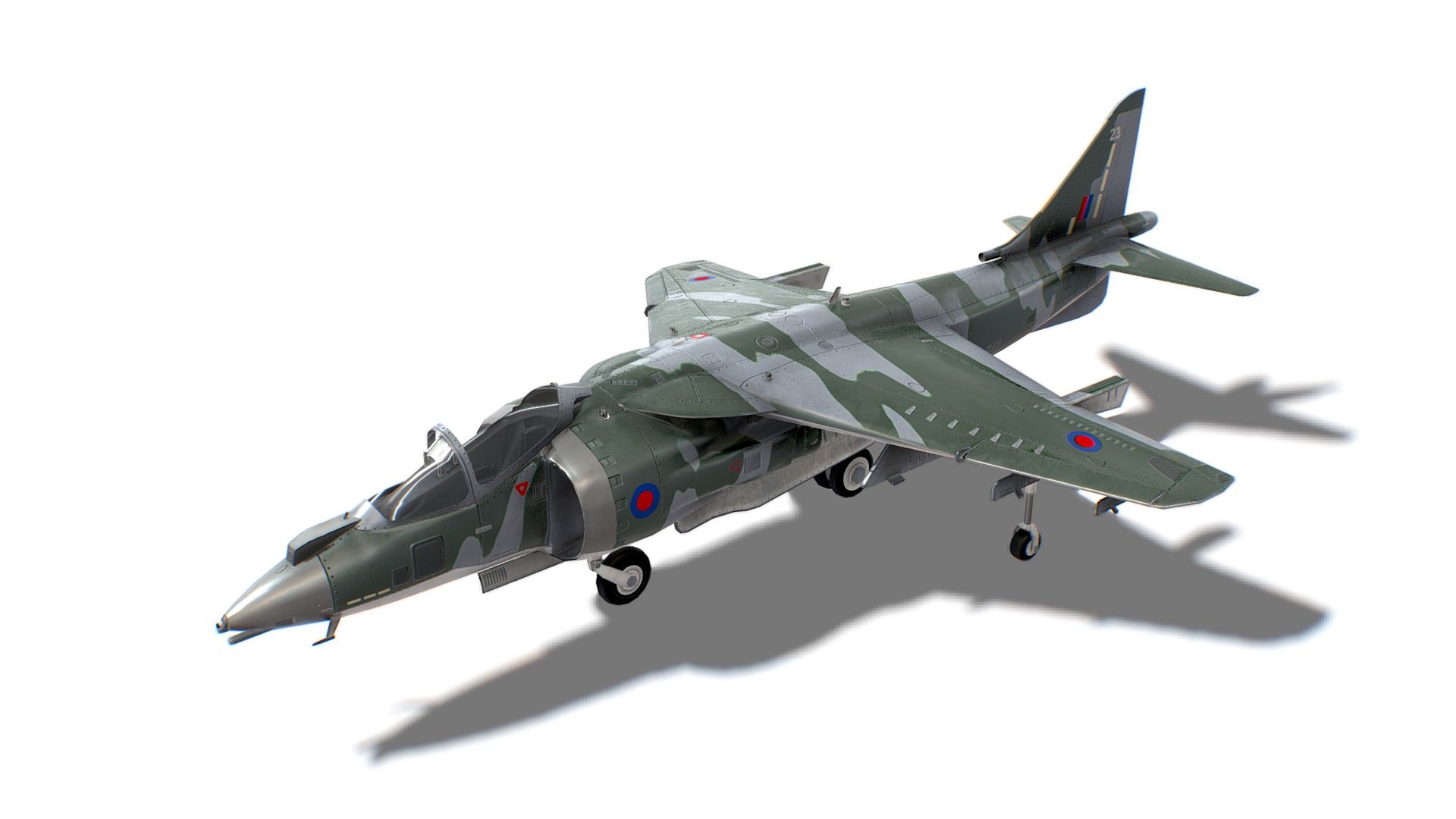 The model looks like a Harrier II. All parts of the model were made in full accordance with the original. Each dynamical part is separated and has correct pivot points, that allow easy animation and use in games. 

Advanced information:
- single material for whole mesh;
- set of 4K PBR textures;
- set of 4K Unreal PBR textures;
- set of 4K Unity PBR textures;
- set of 4K CryEngine PBR textures;
- FBX, DAE, ABC, OBJ and X3D file formats;
- 4 level of details;

Mesh details:
LOD0 - 10951
LOD1 - 5474
LOD2 - 2737
LOD3 - 300