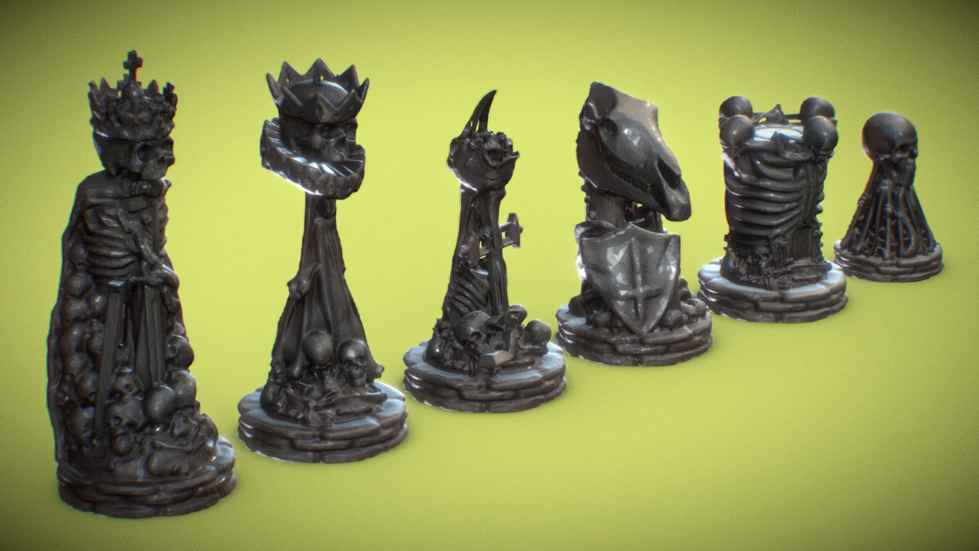 Complete Skull Chess Set, modelled mainly for 3D printing. Included FBX, OBJ and STL formats. No materials included.