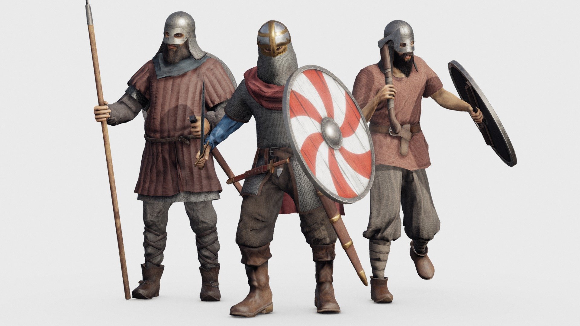 Vikings is the modern name given to seafaring people originally from Scandinavia (present-day Denmark, Norway and Sweden) who from the late 8th to the late 11th centuries raided, pirated, traded and settled throughout parts of Europe.


Separate materials for clothes on each viking, single skin and hair materials for all characters and separate material for all the weapons.

4k PBR textures for all materials.
