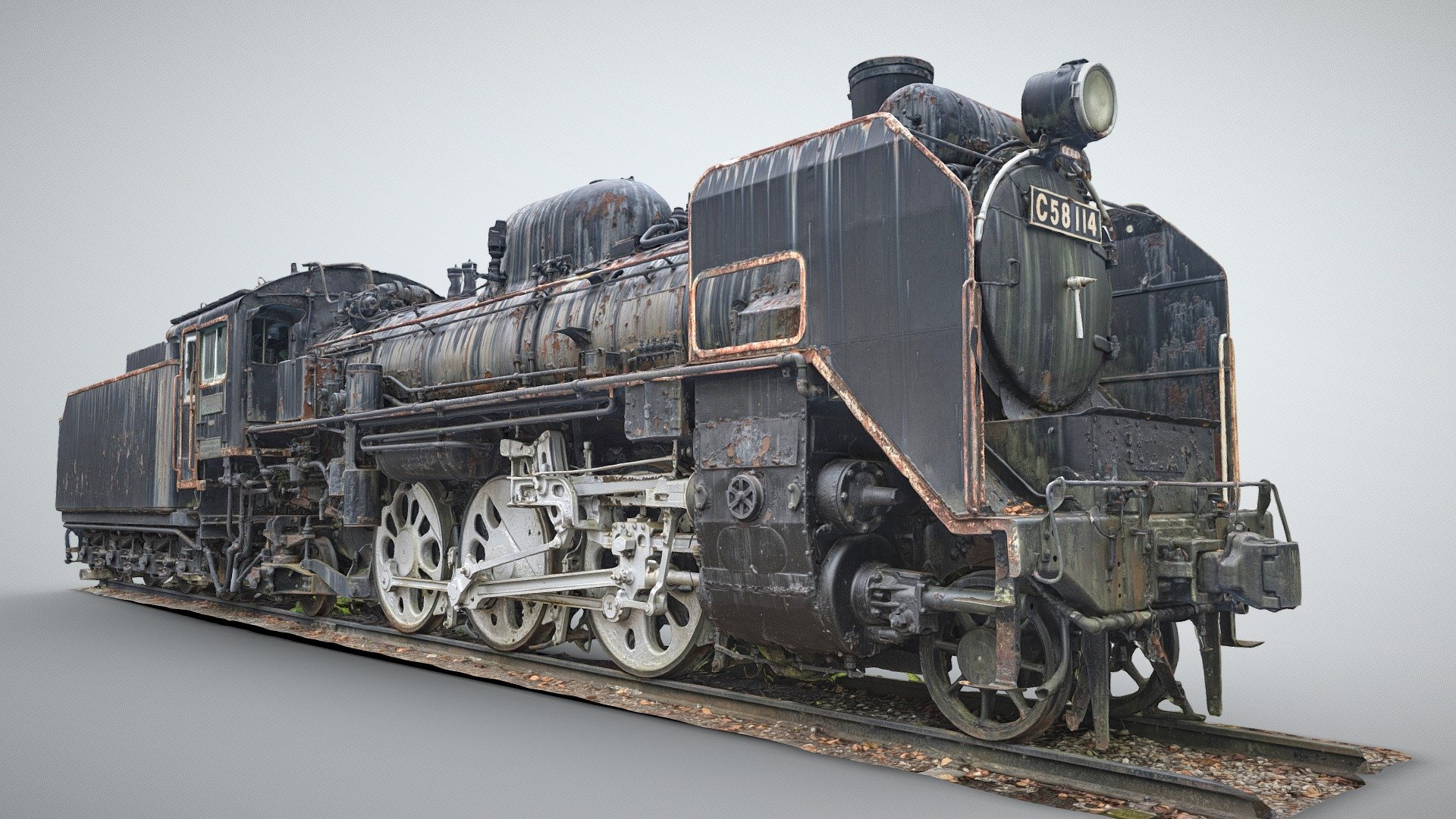 蒸気機関車 C58_114(シゴハチ)   宮城県大崎市 城山公園 ※解体予定
The C58_114 steam locomotive was built in February 1939 at a factory in the distant city of Osaka, Japan. It has been exhibited in the park since March 1973.

・It will be demolished due to its dilapidation.    

wikipedia:Steam locomotive Type C58  

  

3D digitizing methods : Photogrammetry

Software : Reality Capture

Equipment : Nikon D750,NIKKOR 16-35mm f/4G,Sony RX100M2,Bi Rod 4500

Images : 996 photos

Date : Oct.2020

Address : Osaki-city, Miyagi-prefecture.Japan. 

GoogleMap : https://goo.gl/maps/aNdsYtstW44vfw437