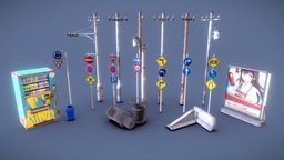 Japanese Traffic Assets traffic, bin, environment-assets, traffic-light, barrier-wall, citylight, vending-machine, traffic-sign, substancepainter, substance, maya, unity, environment, maya2022, traffic-poles