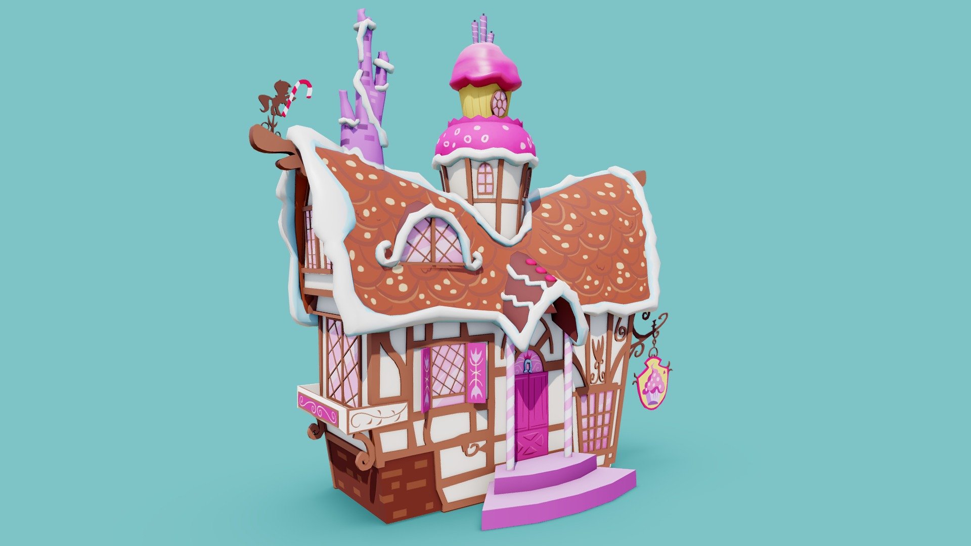 My 3D interpretation of the candy and sweets shop Sugarcube Corner from My Little Pony: Friendship is magic! 

This model was originally made in 2013 and has now been totally overhauled in 2020 with new UVs, better textures, and topology. (Originally my first model uploaded to Sketchfab!)

Model made in Blender, textures in Substance Painter.