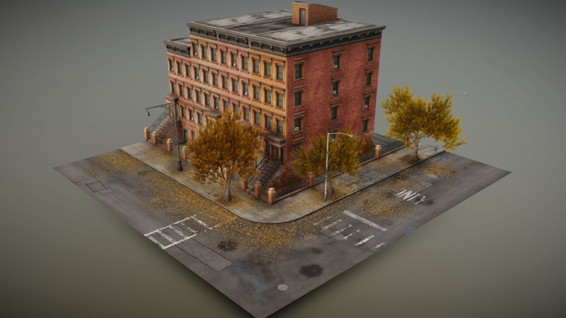 (I am doing image previews for all my paid assets for security reasons)\n\nBUY ON FAB: https://www.fab.com/listings/7fc18bfe-fdf7-4f2d-a5cb-a77beecb5bb6\n\nA lovely and detailed Brooklyn street scene in autumn season. It has a street intersection and modular high poly houses with different variants. The scene uses PBR materials and clean topology so you'll have no problem dissecting /adding new features for your personal projects. Enjoy and have a nice day. 😁\n\nScene Information:\n\n\n\n\nModelled in Blender 3.3.2\n\nFully UV unwrapped\n\nAll materials are allocated to their objects.\n\nTextures Included:\n\n\n\n\n1k/2k resolution textures\n\nDiffuse\n\nRoughness\n\nNormal (Open GL)\n\nOpacity \n\nFormats:\n\n.obj \n.blend